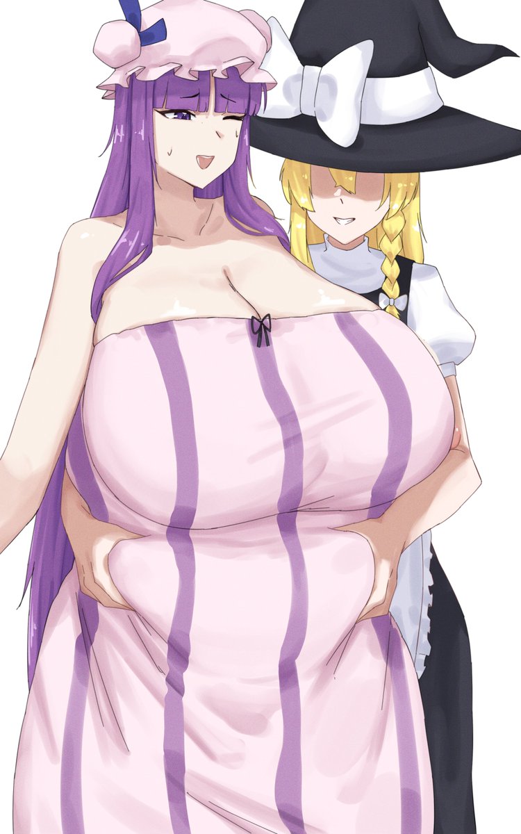 2girls big_belly big_breasts blonde_hair breasts chubby_female cleavage clothed_female eyeless_female grabbing_belly hat huge_breasts kirisame_marisa light-skinned_female marisa_kirisame omikami one_eye_closed patchouli_knowledge purple_eyes purple_hair sweat touhou white_background