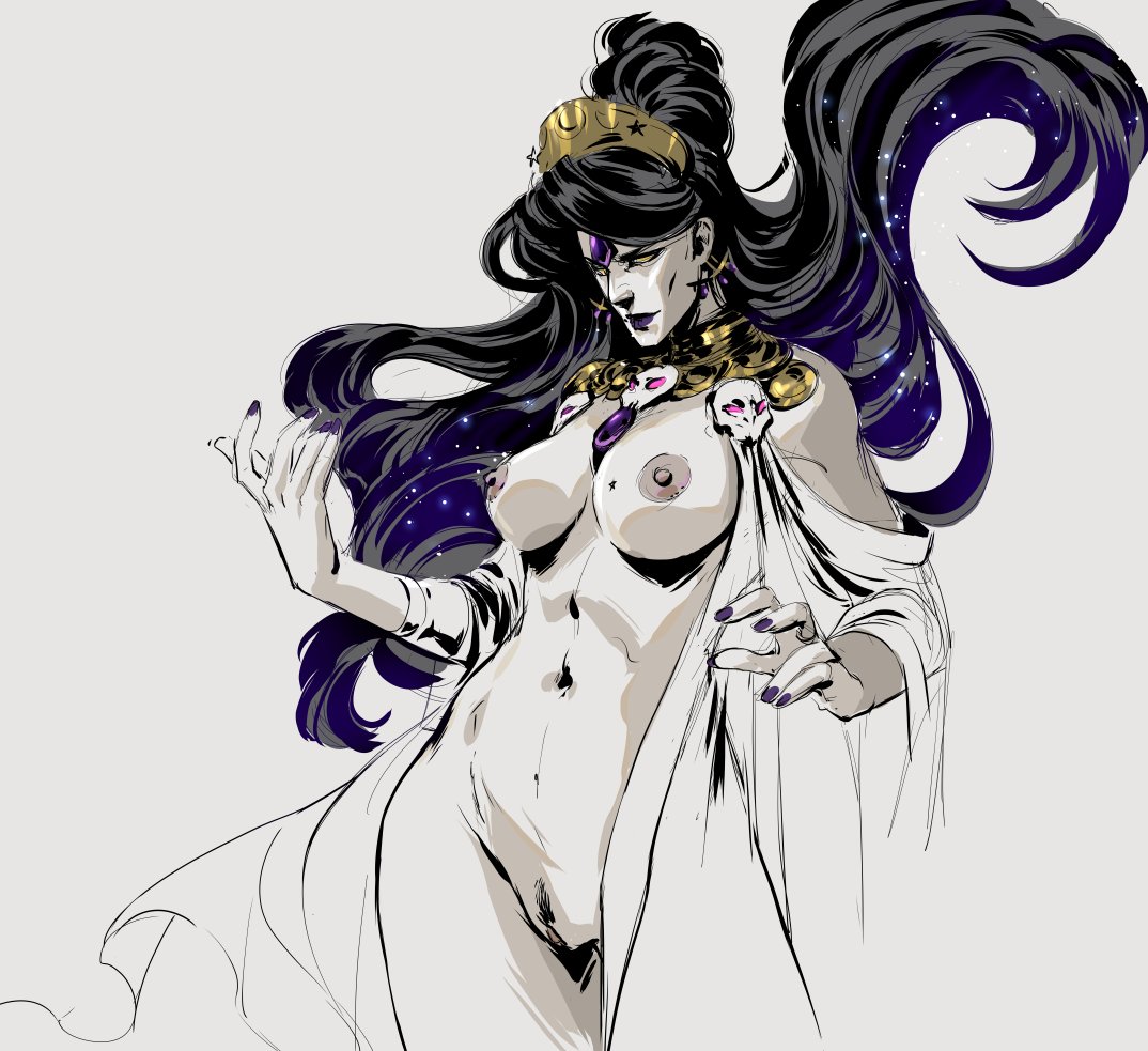 almost naked, black hair, cape, hades (game), naked, navel, nipples, nude, nyx (hades), pale skin, partially clothed, partially nude, pubic hair, sula (artist), tagme, wide hips