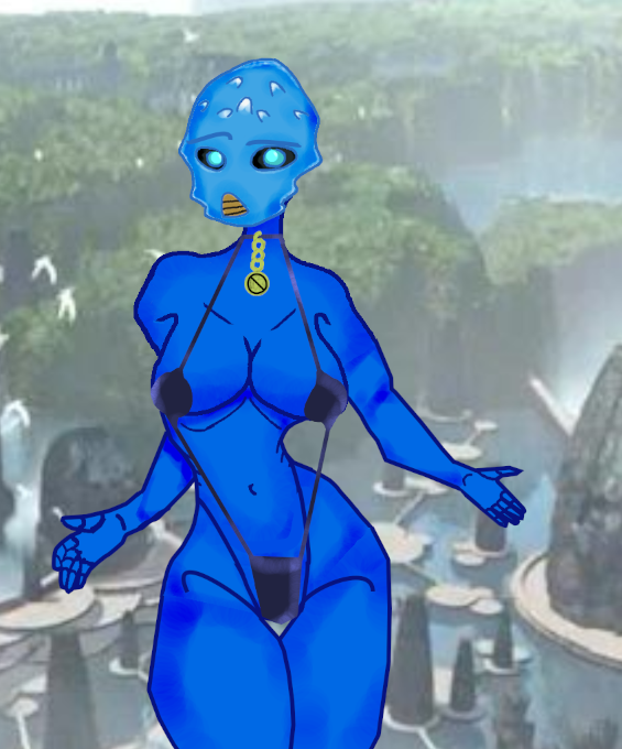 1girls bikini biomechanical bionicle blue_body blue_skin collar cyan_eyes cyborg cyborg_girl female golden_chains mask masked_female matoran_text_(bionicle) nokama robot_girl solo toa