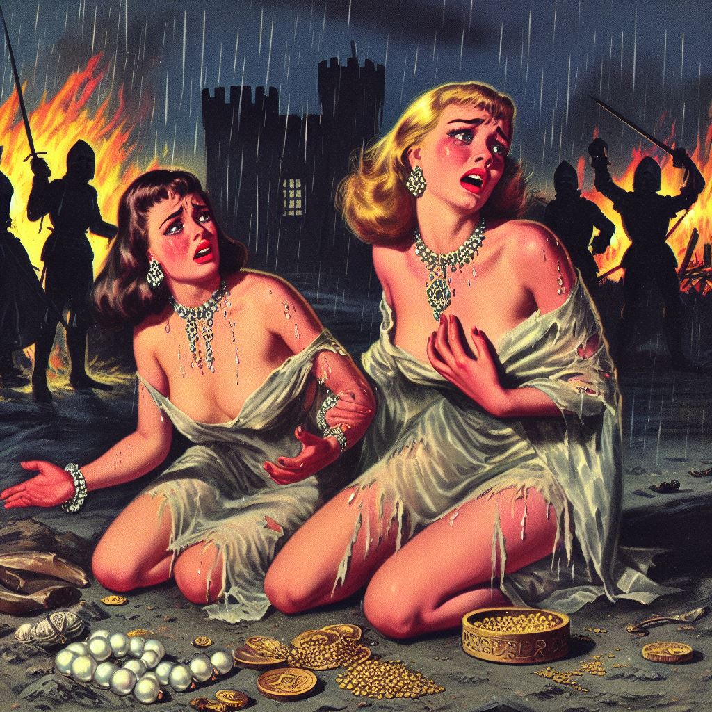 2girls ai_generated bare_shoulders bare_thighs blonde_hair_female brown_hair_female burning_building captured_girl dall-e3 defeated dress_pulled_down enslaved_royal femsub historical history imminent_rape jewelry kneeling_on_ground medieval_clothing medieval_history multiple_boys night outdoors rain raining sad scared soldiers spoils_of_war tagme torn_dress treasure wet_clothes wet_clothing white_dress white_skinned_female