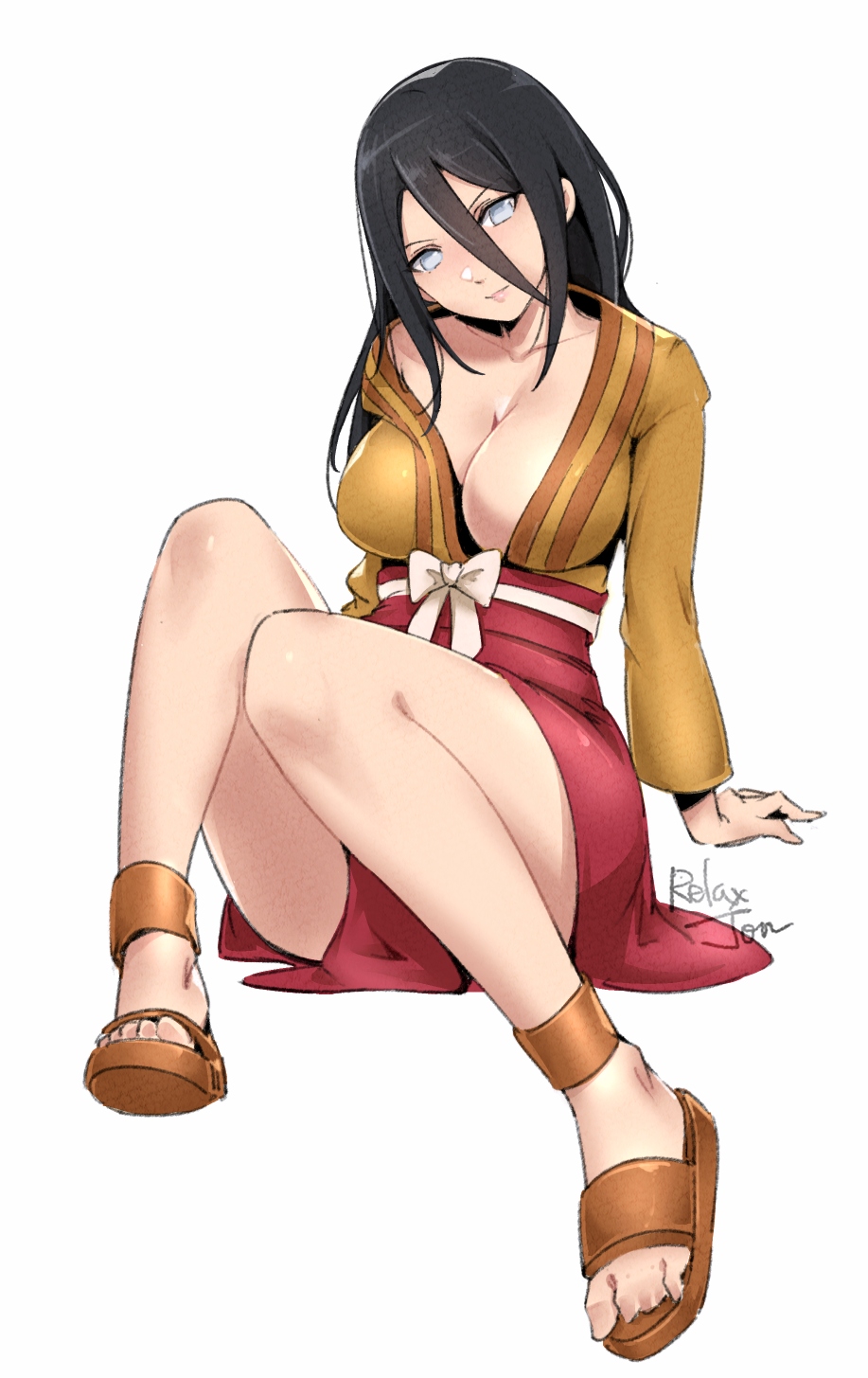 1girls artist_name bare_shoulders big_breasts boruto:_naruto_next_generations breasts breasts_out brown_hair busty cleavage clothed_female clothing collarbone feet female female_only full_body hakama hakama_skirt huge_breasts hyuuga_hanabi kimono lavender_eyes looking_at_viewer naruto naruto_(series) no_bra pinup plain_background relaxjon sandals simple_background sitting skirt smile solo solo_focus voluptuous watermark white_background wide_hips wide_sleeves wink yukata