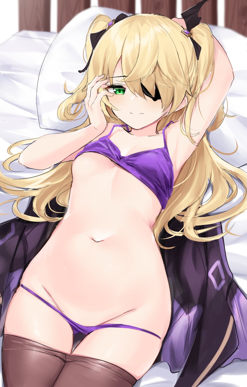 1girls, belly button, blonde hair, eyepatch, female, fischl (genshin impact), genshin impact, green eyes, hair, looking at viewer, panties, shengtian, tagme, yellow eyes