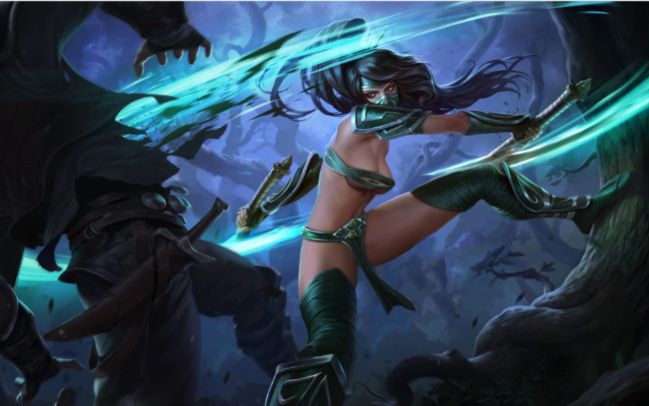 1girls akali armguards belt_bra black_hair forest_background league_of_legends loincloth long_hair richtofen tagme thigh_boots weapons