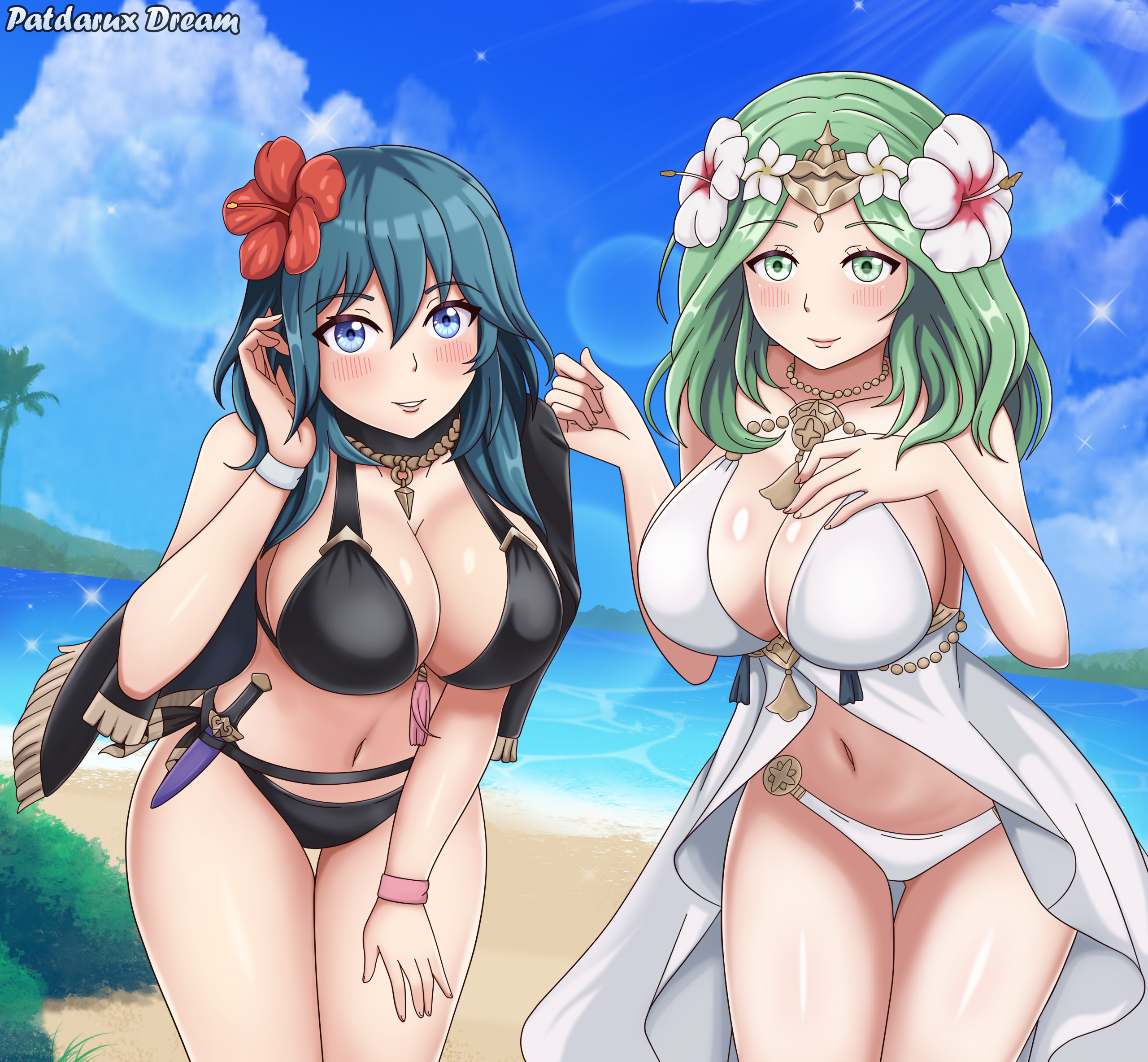 2girls, artist name, bangs, bare shoulders, beach, bikini, black bikini, black cape, black swimsuit, blue eyes, blue hair, blue sky, blush, breasts, byleth (fire emblem), byleth (fire emblem) (female), byleth (summer) (fire emblem) (female), cape, cleavage, cloud, collarbone, cowboy shot, dagger, day, english commentary, eyebrows visible through hair, female, female focus, female only, fire emblem, fire emblem heroes, fire emblem: three houses, flower, flower in hair, fully clothed, green eyes, green hair, hair between eyes, hair flower, hair ornament, hand on own chest, hand up, highres, huge breasts, large breasts, leaning forward, lens flare, long hair, looking at viewer, mature female, midriff, multiple females, multiple girls, navel, nintendo, ocean, outdoors, parted lips, patdarux, patdarux dream, rhea (fire emblem), rhea (summer) (fire emblem), ribbon, sheath, sheathed, sidelocks, sky, smile, sparkle, standing, swimsuit, thick thighs, thigh gap, thighs, tiara, water, weapon, white bikini, white swimsuit, wrist ribbon