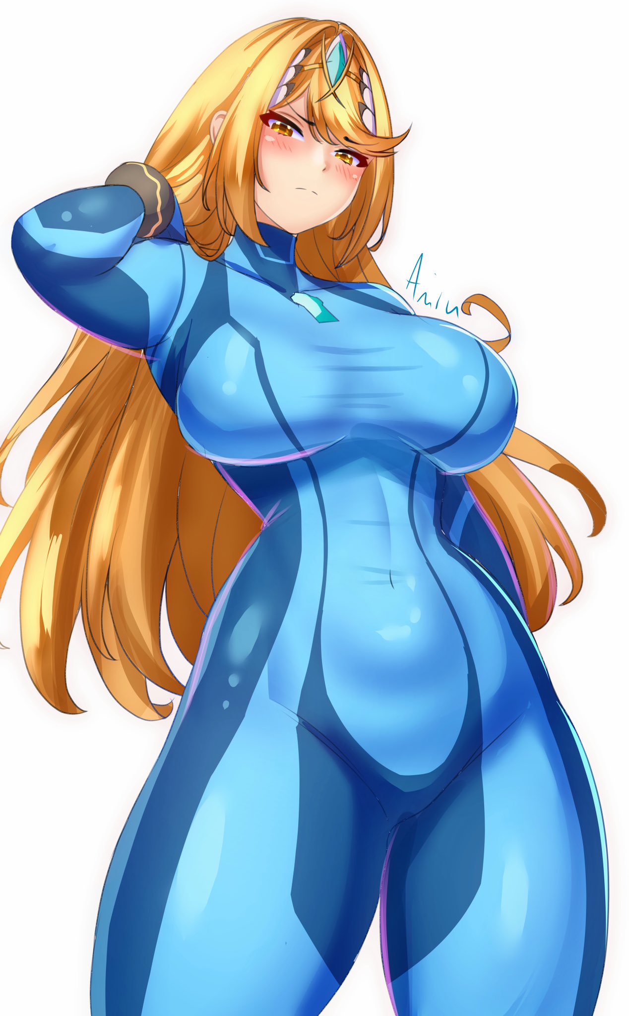 1girls anisdrawn blonde_hair bodysuit breasts cosplay crossover female gold_eyes hi_res hips huge_breasts light-skinned_female light_skin long_hair metroid mythra nintendo outfit_swap samus_aran_(cosplay) thick_thighs thighs wide_hips xenoblade_(series) xenoblade_chronicles_2 zero_suit zero_suit_samus_(cosplay)