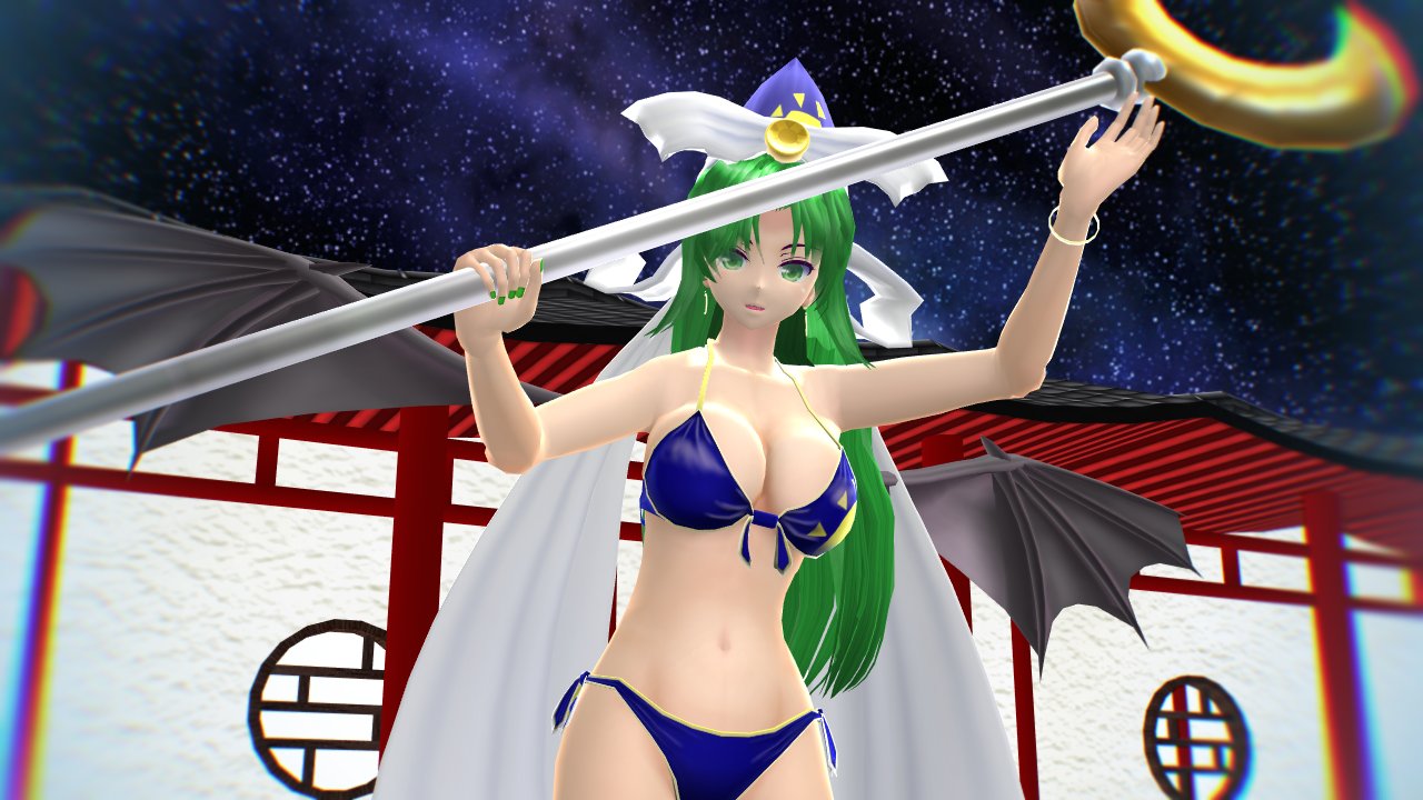 1girls 2024 3d_(artwork) bat_wings bikini blue_hat blur bracelet dark_blue_bikini ghost_girl green_fingernails green_hair_female hati_yukkuri_mmd headwear light-skinned_female long_hair_female looking_at_viewer magician mima mmd night_sky outdoors solo_female solo_focus spirit staff stars swimsuit touhou touhou_(pc-98)