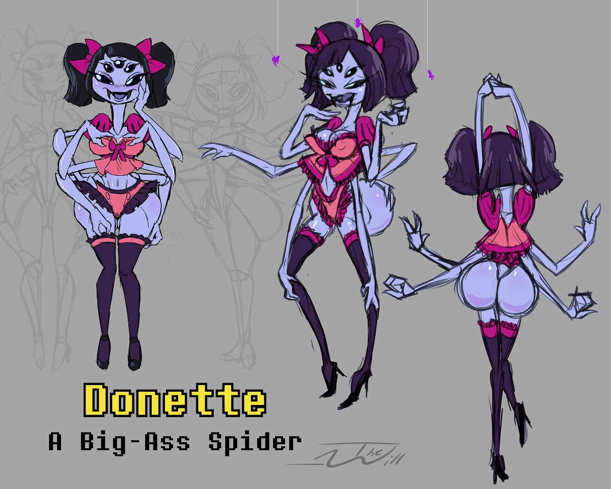 6 arms, ass, bottom heavy, breasts, cleavage, erect nipples, female, female only, high heels, lingerie, muffet, multi arm, multi eye, multi limb, nipples, spider girl, thewill, thighhighs, under (her) tail, undertale, undertale fanfiction