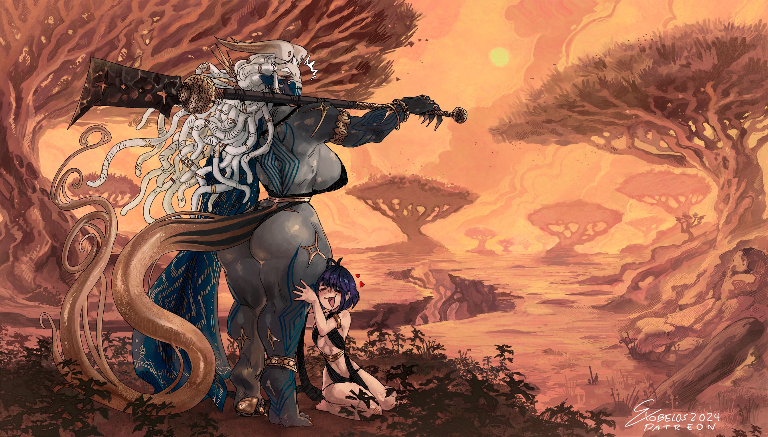 alien, alien girl, ass, big ass, big breasts, breasts, exobelos, female, femboy, horns, humanoid, kofei, male, original character, rule 63, size difference, surprised, tail, white hair