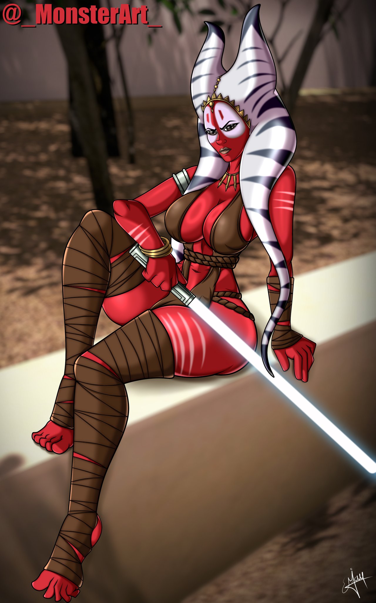 2024 alien alien_girl big_breasts clothed clothed_female clothing female female_only fully_clothed fully_clothed_female lightsaber looking_at_viewer monsterart necklace sfw_version shaak_ti shiny shiny_skin sith skimpy_clothes solo solo_female star_wars text togruta