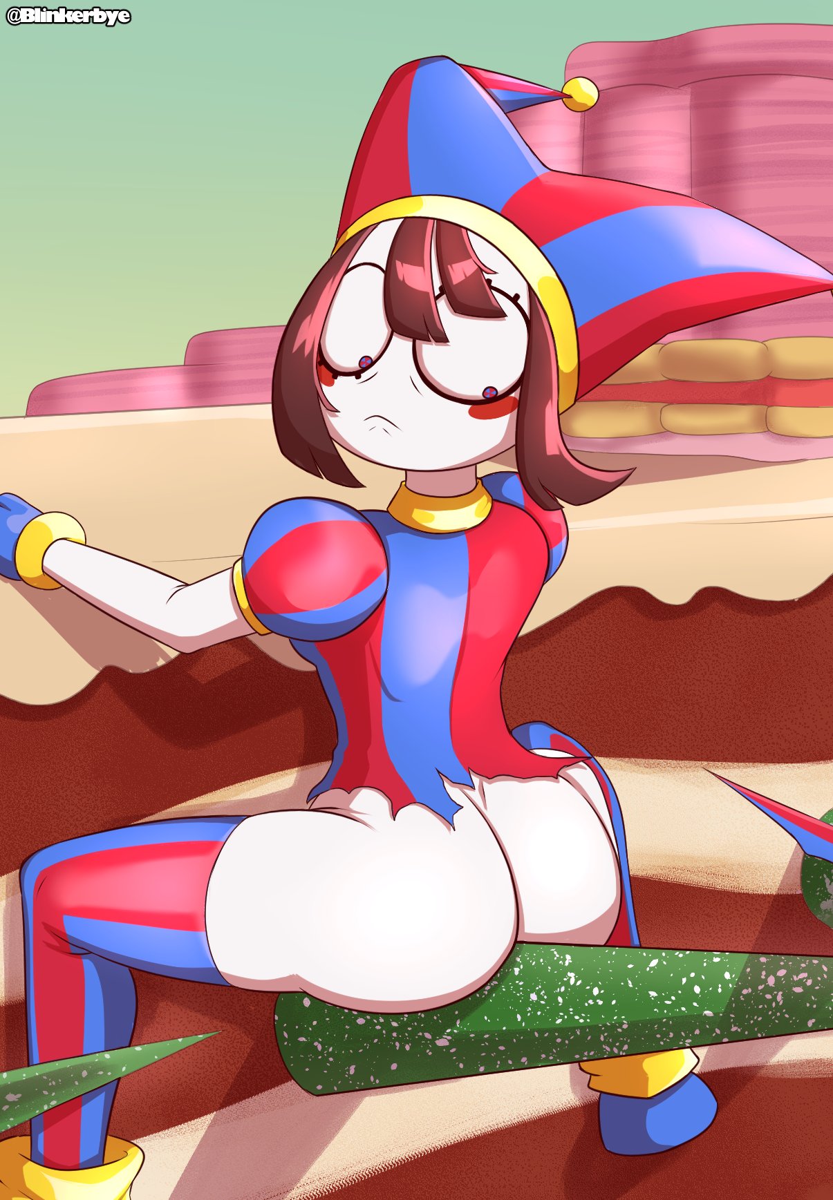 1girls, ass, assisted exposure, blinkerbye, bottomless, embarrassed, embarrassed nude female, enf, female, glitch productions, half naked, jester hat, jester outfit, leggings, legwear, looking down, pomni (the amazing digital circus), puffy sleeves, ripped clothing, spikes, stockings, striped clothing, striped legwear, suddenly naked, tagme, the amazing digital circus, torn clothes, wardrobe malfunction, wide eyed