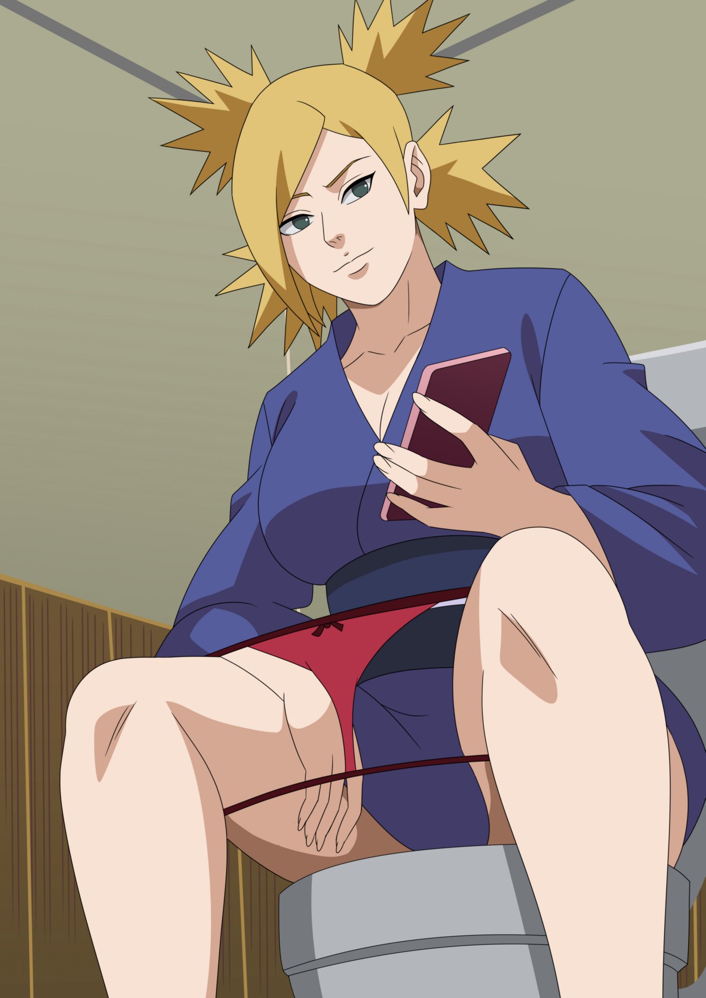 1girls, bare chest, bare legs, bare thighs, bathroom, big breasts, blonde hair, boruto: naruto next generations, bottomless, bottomless female, breasts, cellphone, cleavage, clothing, female, high resolution, holding object, huge breasts, imminent fellatio, imminent masturbation, kimono, large breasts, mature, mature female, milf, naruto, naruto (series), naughty, naughty face, naughty smile, ninrubio, no bra, panties, panties down, sitting, smartphone, smile, temari, thick thighs, thighs, thong, toilet, twintails, uncensored, underwear, voluptuous, yukata