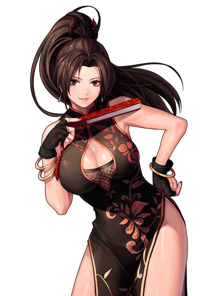 1girls, artist request, brown eyes, brown hair, cheongsam, earrings, fatal fury, female, fingerless gloves, fishnet, gloves, hand fan, high ponytail, king of fighters, long hair, looking at viewer, mai shiranui, ponytail, qipao, snk, tagme, tight clothing