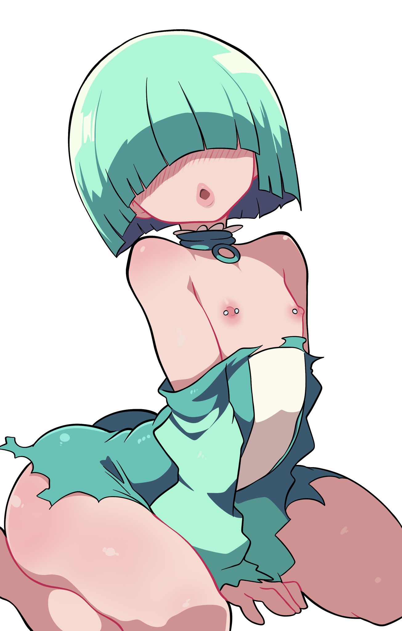 1boy, 1femboy, 2024, 2d, 2d (artwork), ass, big ass, big butt, blush, blushing, bob cut, bottom heavy, bottom heavy femboy, bottom heavy male, bubble ass, bubble butt, bubbleguts, choker, clothing, covered eyes, cute, femboy, femboy only, fig (bubbleguts), gay, green hair, hair over eyes, light skin, light-skinned femboy, light-skinned male, looking at viewer, looking back, male, male only, pierced nipples, piercing, piercings, ripped clothes, ripped clothing, solo, thick, thick ass, thick butt, thick thighs, thighs, yaoi