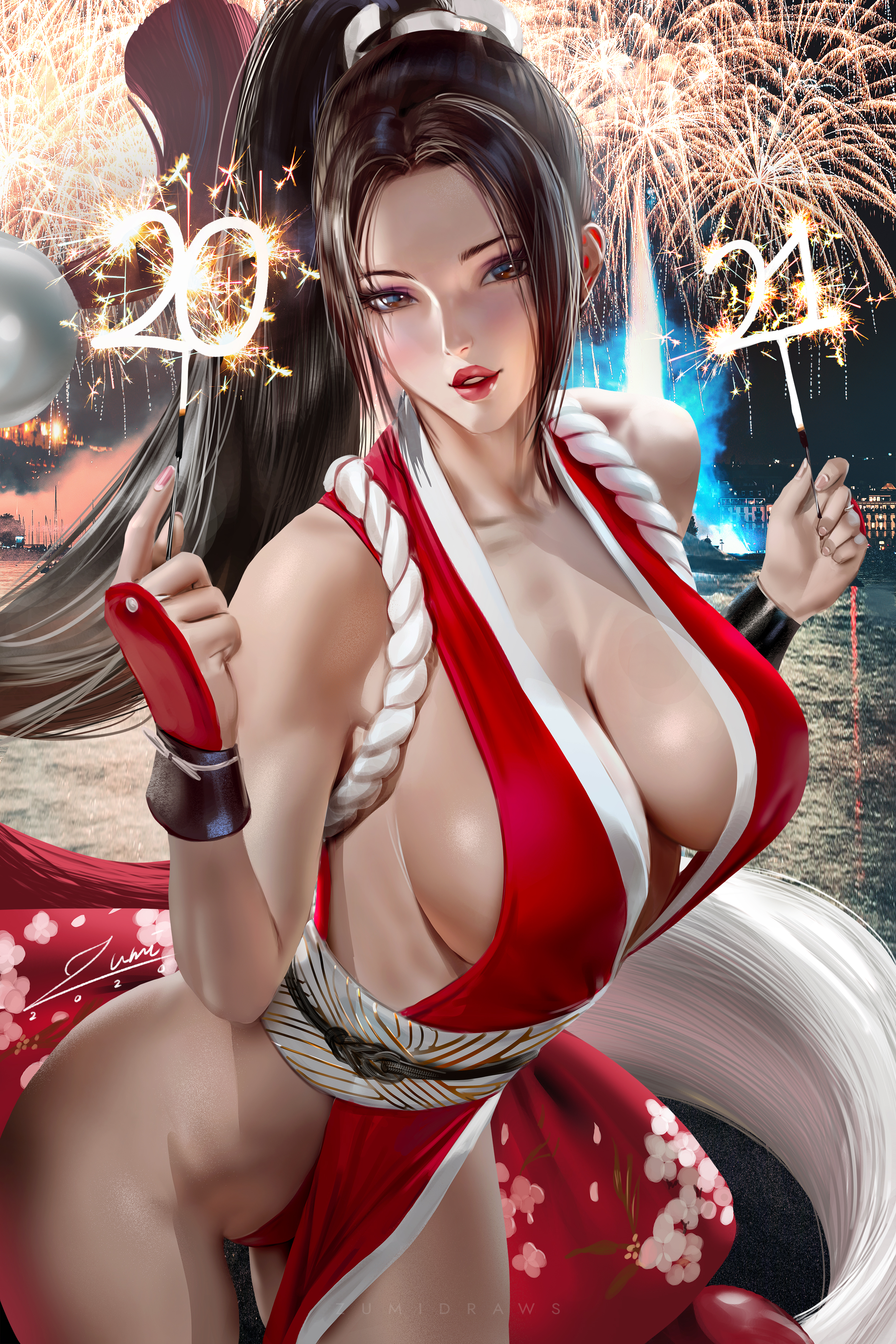1girls, asian, asian female, big breasts, breasts, brown eyes, brown hair, cleavage, fatal fury, female, female focus, female only, fireworks, happy new year, high resolution, highres, japanese female, king of fighters, lipstick, long hair, mai shiranui, mature, mature female, navel, ninja, red clothing, red dress, red lips, red lipstick, revealing clothes, snk, sparkler, tagme, zumi