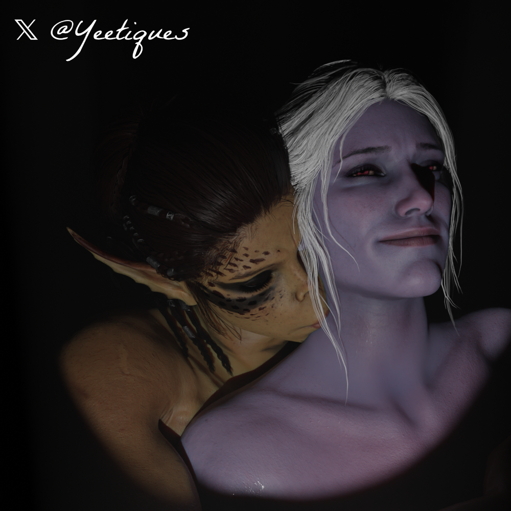 3d baldur's_gate_3 brown_hair drow female futa_on_female futanari githyanki kissing_neck lae'zel minthara white_hair yeetiques