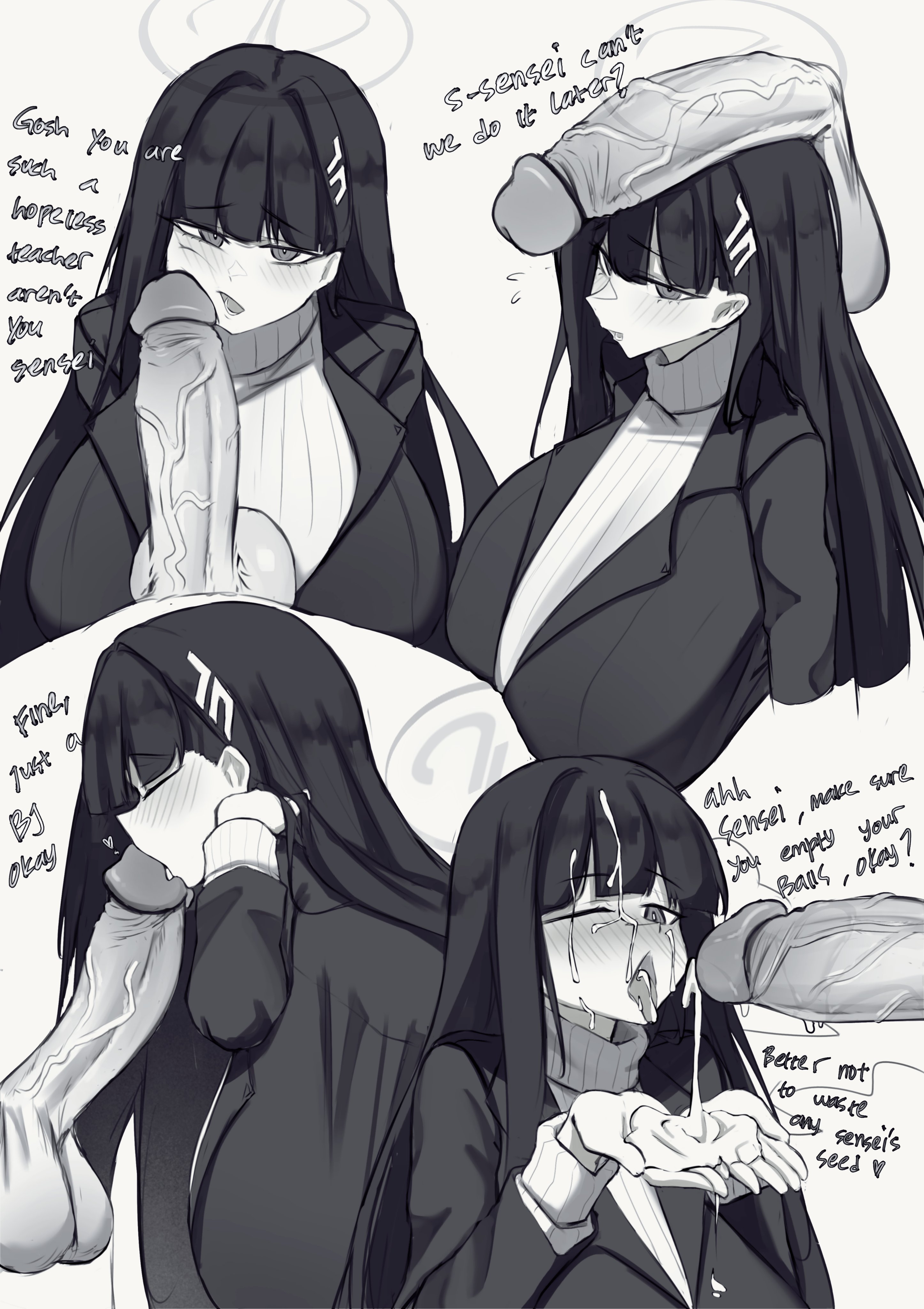 1boy, 1girls, big breasts, big penis, black hair, black jacket, blue archive, blush, breasts, cum, cum on body, cum on breasts, cum on hair, cum on upper body, english text, erection, facial, fellatio, female, hair ornament, hairclip, halo, huge breasts, jacket, k dhen, large penis, long hair, long sleeves, monochrome, penis, penis awe, penis in face, rio (blue archive), sweater, text, uncensored, veins, veiny penis, white sweater