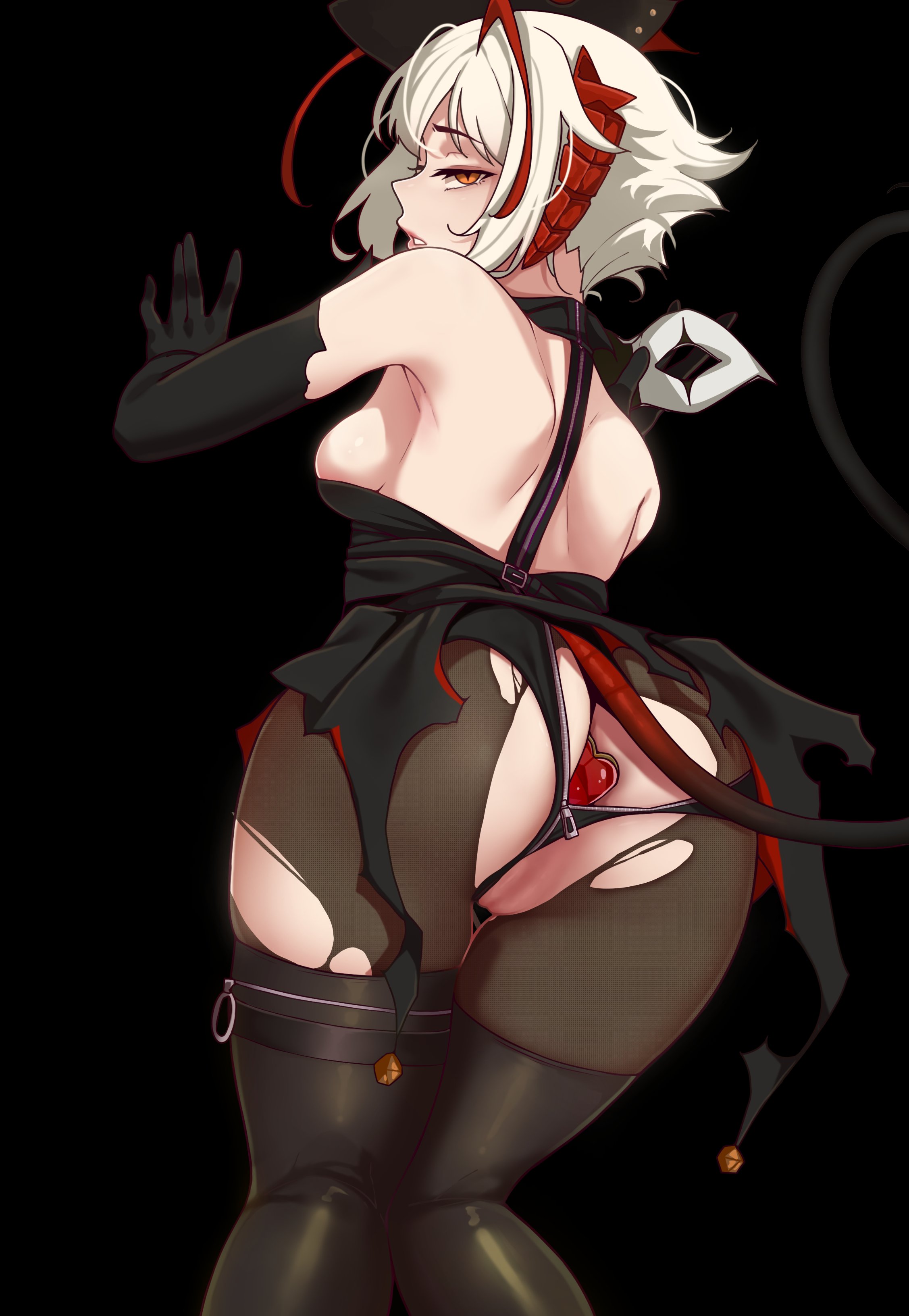 alternate version available, anal plug, arknights, ass, buttplug, elbow gloves, female, female only, gloves, hi res, horns, pantyhose, pussy, solo, tail, todding, w (arknights)