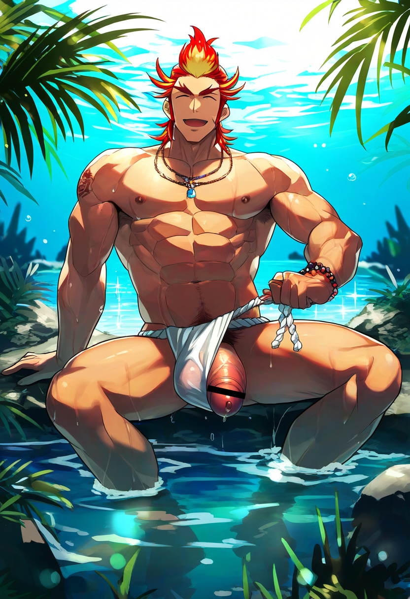 ai_generated akai_suzaku aonoshishi balls bara big_balls big_bulge big_penis bulge bulge_through_clothing fundoshi idolmaster idolmaster_side-m male male_nipples male_only muscular_male nipples penis wet