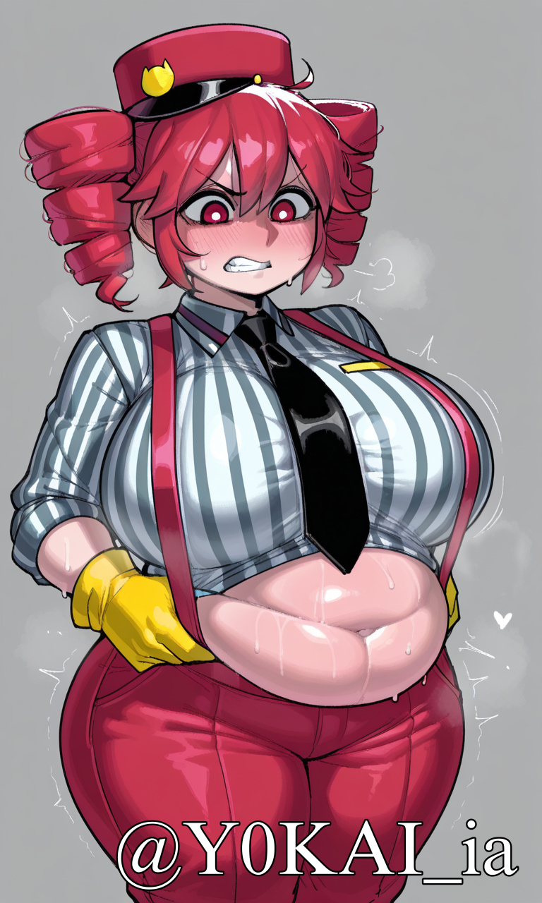 1girls, ai, ai art, ai generated, angry, angry face, annoyed, annoyed expression, belly, big belly, big breasts, blouse, blush, blushing, bottom heavy, breasts, chubby, chubby belly, chubby female, clothed, clothed female, clothing, curvaceous, curvy, curvy female, curvy figure, excessive sweat, exposed belly, fat, fat breasts, fat female, fat thighs, fatass teto, fatty, female, female only, fully clothed, gloves, hat, hips wider than shoulders, huge belly, huge breasts, kasane teto, kasane teto (sv), large breasts, looking down, massive breasts, mesmerizer (vocaloid), mesmerizer teto, motion lines, mv character, necktie, pants, plump, plump breasts, plump thighs, red eyes, red hair, shirt, simple background, solo, solo female, steam, steaming body, steamy breath, striped shirt, struggling to fit, suspenders, sweat, sweating, synthesizer v, tight clothing, tight pants, tight shirt, top heavy, tremble spikes, trembling, twin drills, utau, voluptuous, voluptuous female, wide hips, yokai arts