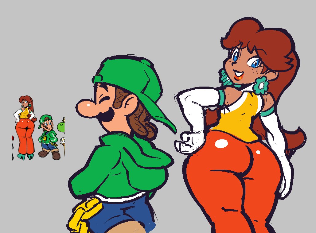 1boy, 1girls, 2024, 2d, ass, ass focus, big ass, blue eyes, brown hair, brycecarringto5, clothed, clothed female, clothed male, clothing, color, drip, duo, earrings, female, freckles, freckles on face, fully clothed, gangster, grey background, hands on hips, high heels, large ass, larger female, long gloves, long hair, looking back, luigi, male, mario (series), nintendo, princess daisy, rear view, shoes, simple background, smaller male, standing, swagger, taller female, thug, thuggin, white gloves