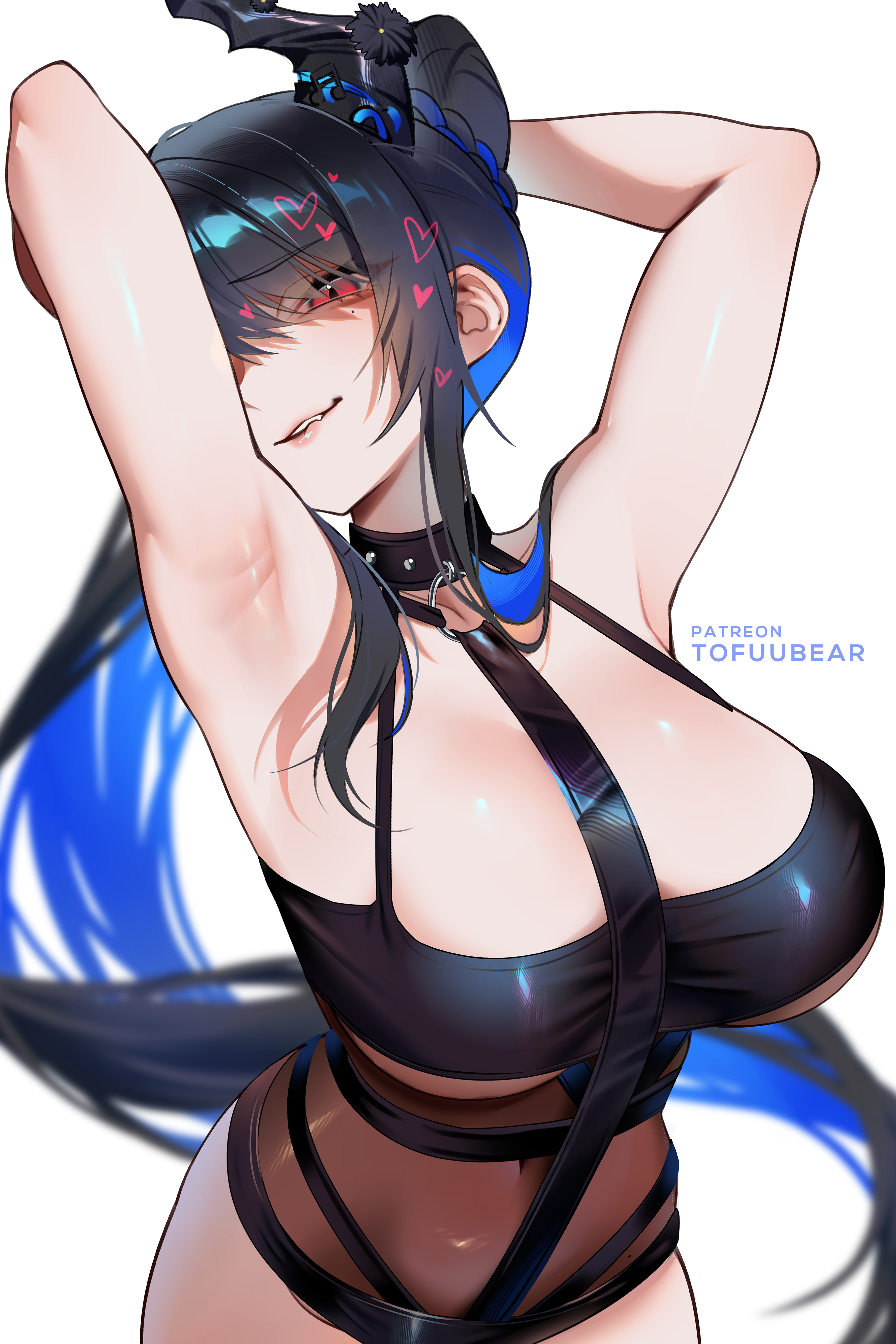 1girls, absurd res, armpit focus, armpits, arms behind head, arms up, black hair, black one-piece swimsuit, blue hair, breasts, casual one-piece swimsuit, cleavage, colored inner hair, covered navel, female, female only, flower, high ponytail, highres, hololive, hololive english, hololive english -advent-, holonatsu paradise, horn flower, large breasts, long hair, looking at viewer, multicolored hair, nerissa ravencroft, nerissa ravencroft (holonatsu paradise), official alternate costume, official alternate hairstyle, one-piece swimsuit, ponytail, presenting armpit, purple eyes, sidelocks, simple background, slit pupils, solo, swimsuit, tofuubear, very long hair, virtual youtuber, white background