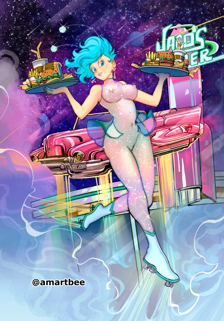 1girls amartbee antennae blue_eyes blue_hair boots bulma_briefs burger diner dragon_ball earrings food fries hovercar retro_artstyle roller_skates see-through_clothing solo tagme waitress