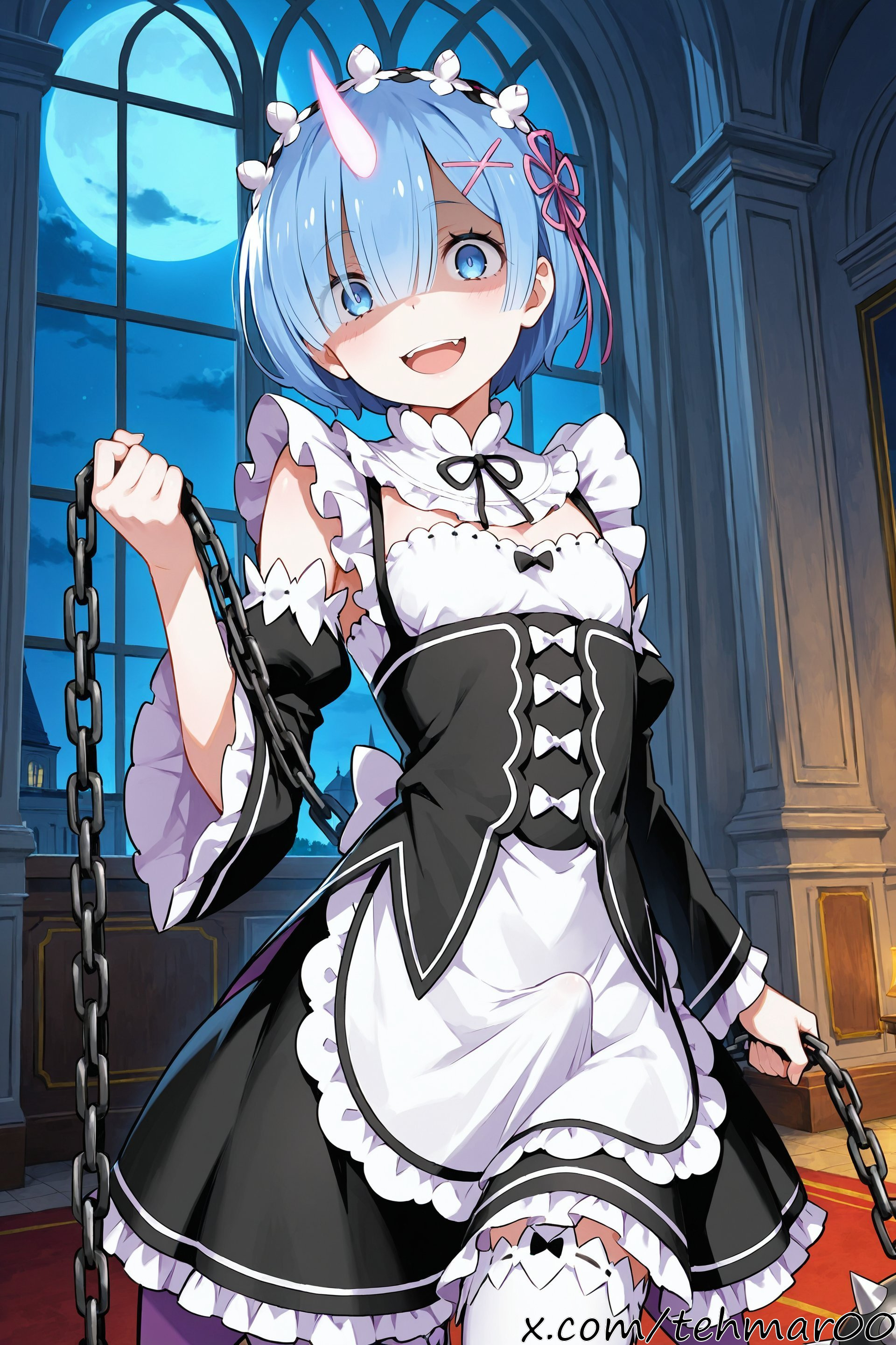 1boy, ai generated, apron, blue eyes, blue hair, bulge, chains, crazy smile, detached sleeves, dress, erection, erection under clothes, eyes visible through hair, femboy, flail, full moon, genderswap (ftm), glowing horns, hair ornament, hair over one eye, hair ribbon, holding, holding weapon, horns, indoors, looking at viewer, maid, maid headdress, male, moon, night, open mouth, re:zero kara hajimeru isekai seikatsu, rem (re:zero), ribbon, roswaal mansion maid uniform, rule 63, shaded face, short hair, single horn, smile, solo, swing, tagme, tehmar, thighhighs, trans woman, transfem, trap, weapon, white legwear, white thighhighs, window, x hair ornament, yandere