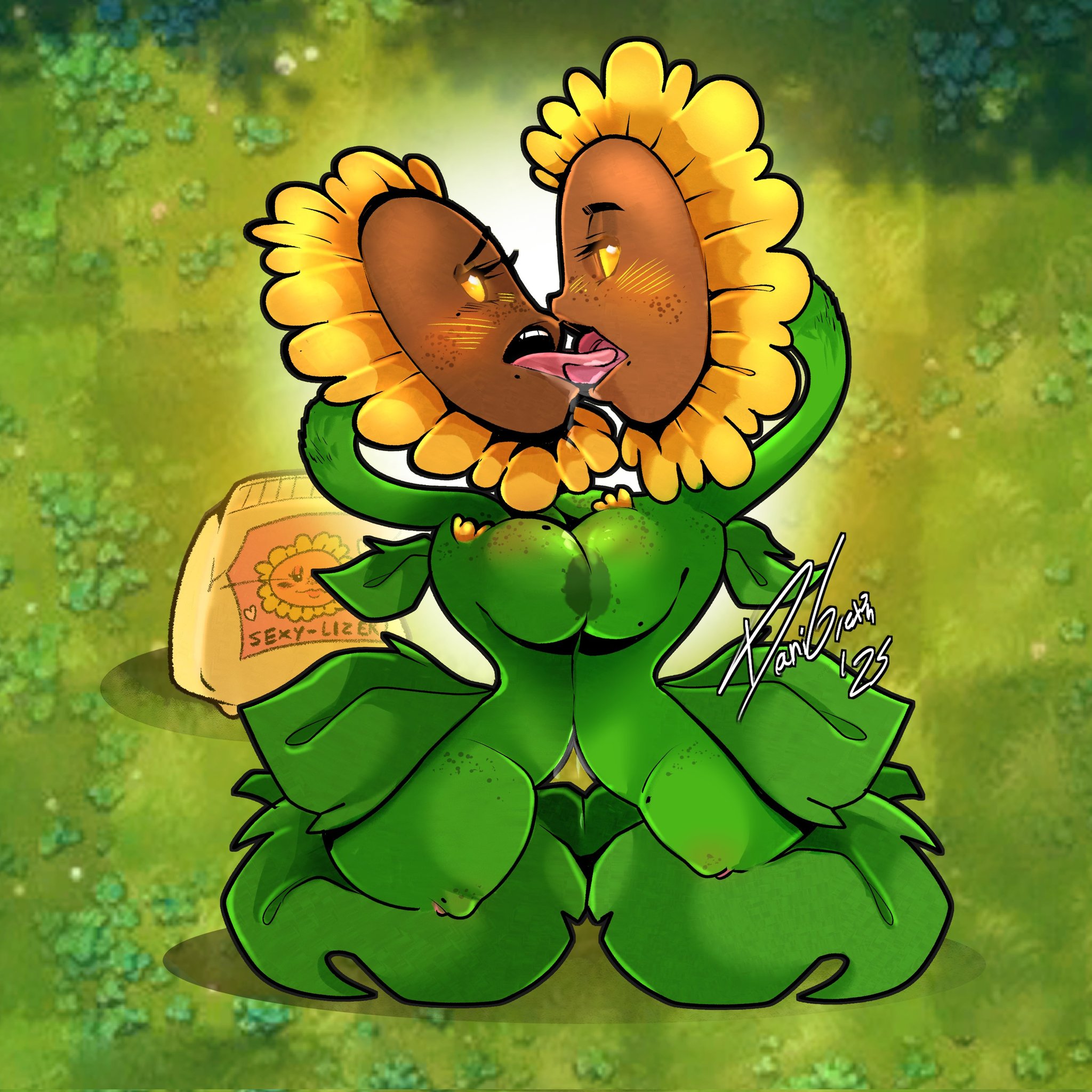 2025, 2girls, artist signature, blush, breasts, busty fauna, conjoined, conjoined twins, danigrex2n, dated, flower, french kissing, glowing eyes, green body, incest, kissing, leaves, lesbian, naked, naked female, plant, plants vs zombies, saliva, sisters, tagme, tongue, tongue out, twin sunflower (pvz), twins, two headed, yuri