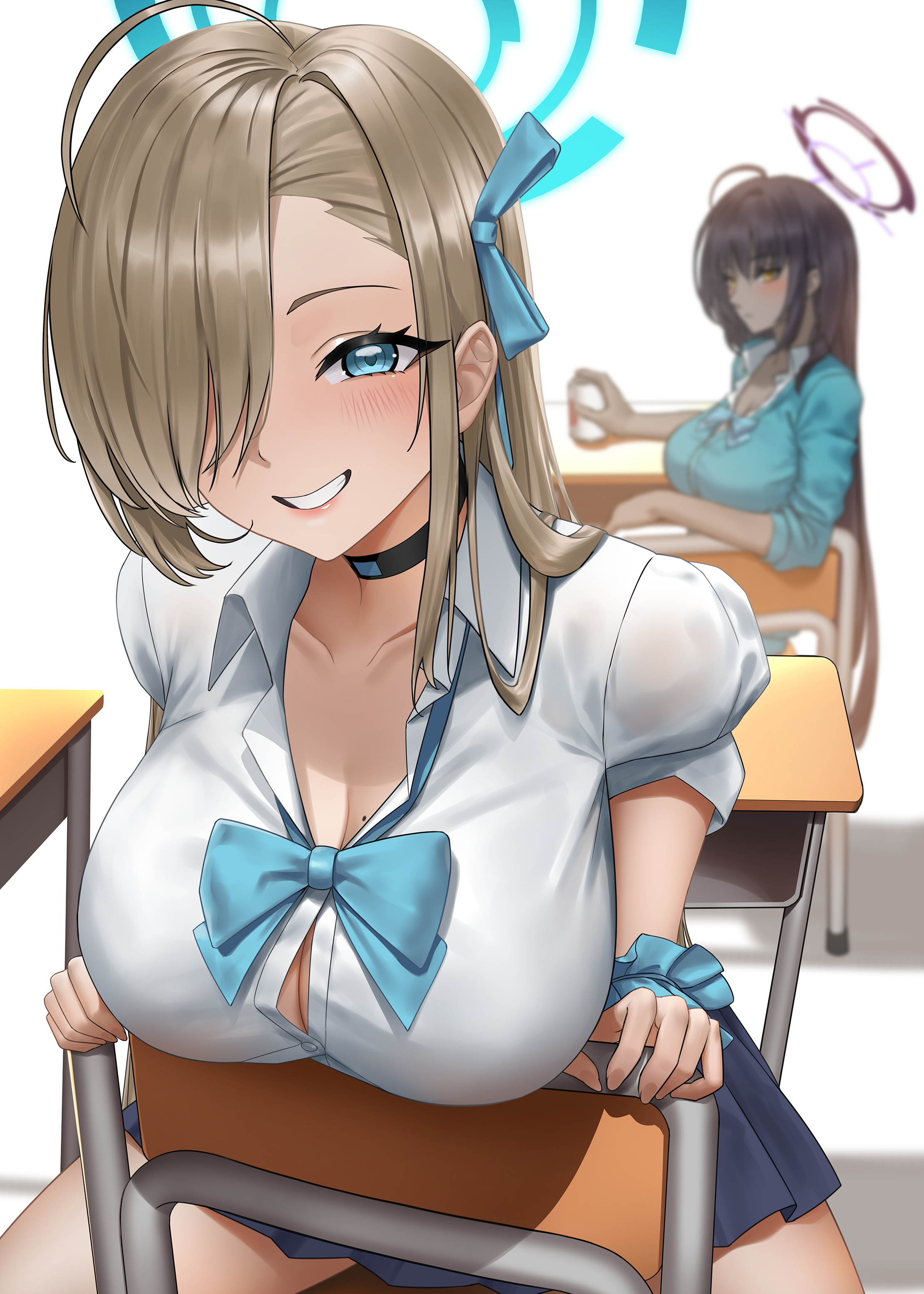 2girls, absurdres, ahoge, aqua bow, aqua bowtie, aqua cardigan, aqua ribbon, asuna (blue archive), asuna (school uniform) (blue archive), asymmetrical bangs, black choker, black hair, blue archive, blush, bow, bowtie, breasts, brown hair, button gap, cardigan, chair, choker, cleavage, commentary, dark skin, dark-skinned female, desk, female, female only, gyaru, hair over one eye, hair ribbon, halo, highres, karin (blue archive), karin (school uniform) (blue archive), kogal, large breasts, loose bowtie, miniskirt, mole, mole on breast, multiple females, multiple girls, one eye covered, ribbon, school chair, school desk, school uniform, scrunchie, sitting, skirt, smile, solo focus, sunkilow, wrist scrunchie