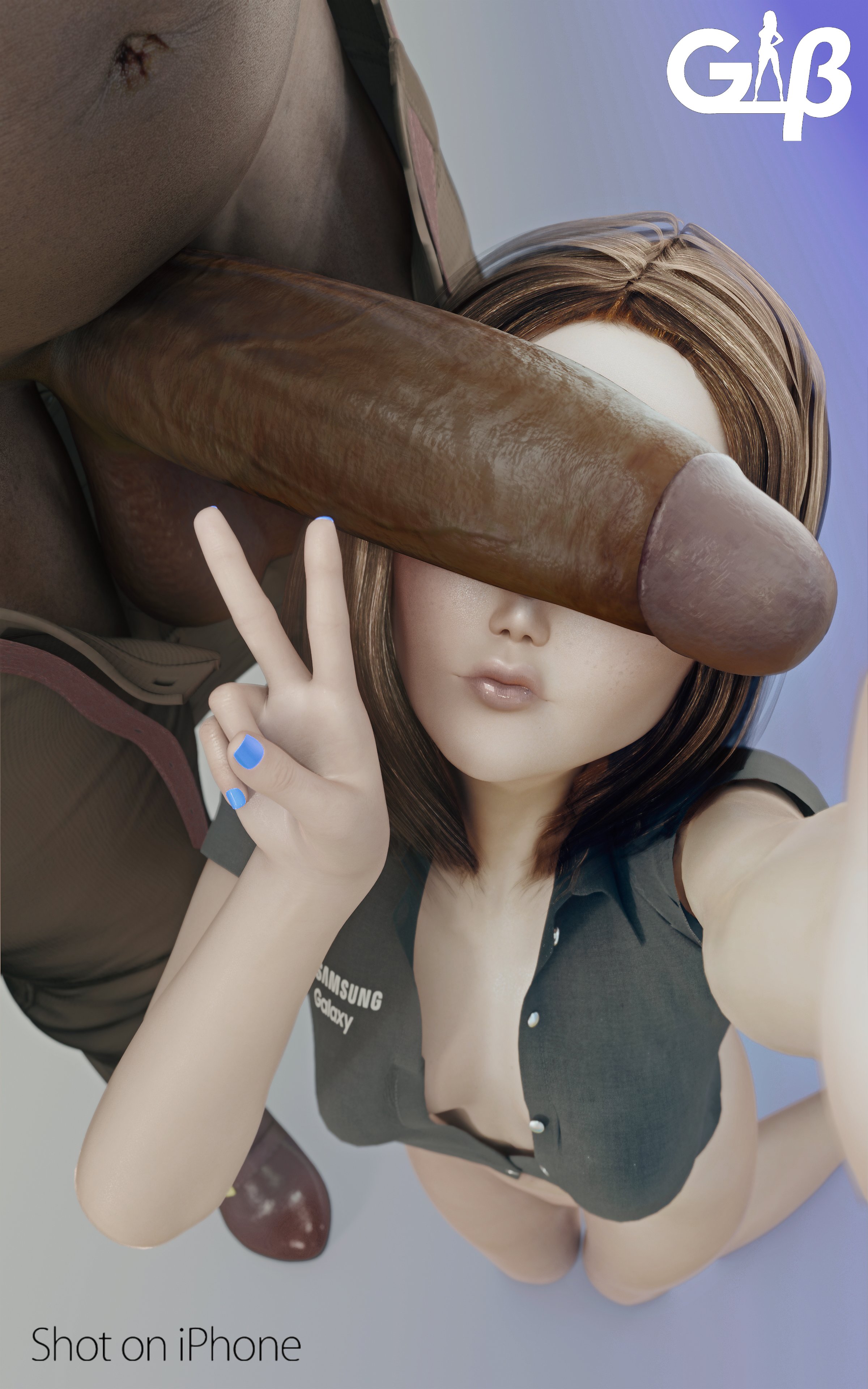 10:16, 1boy, 1girls, 3d, absurdres, blender, blue eyes, bob cut, breasts, brown hair, cant see the haters, dark skin, dark-skinned male, ear piercing, erection, female, freckles, generalbutch, highres, huge cock, imminent oral, interracial, male, medium hair, oral, pale skin, penis, penis on face, penis over eyes, samsung, samsung sam, straight, text