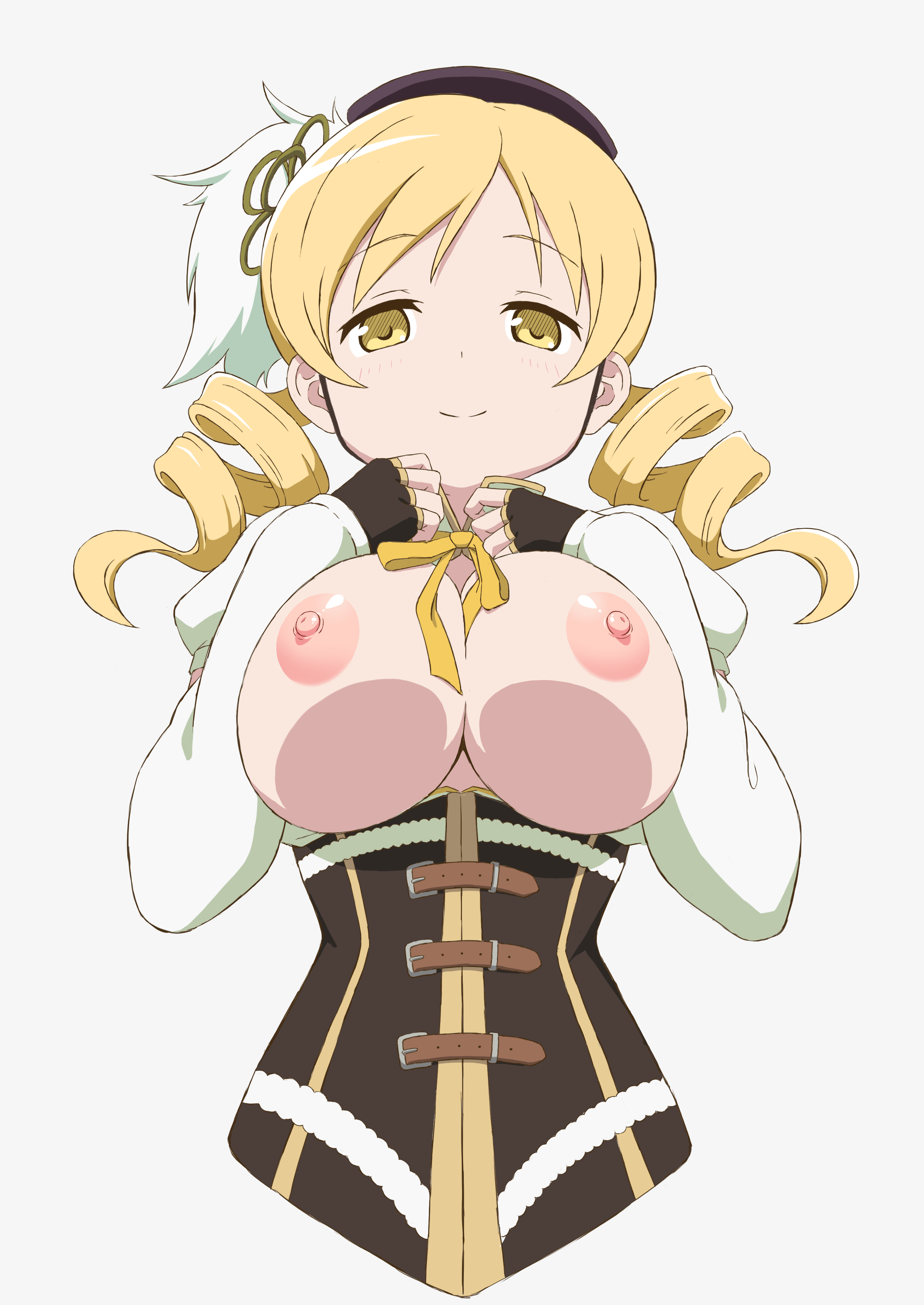 1girls, absurdres, beret, black hat, blonde hair, breasts, breasts out, brown gloves, corset, detached sleeves, drill hair, female, fingerless gloves, gloves, hat, highres, large breasts, long hair, looking at viewer, magical girl, mahou shoujo madoka magica, nipples, puella magi madoka magica, smile, solo, tomoe mami, twin drills, twintails, usazirou539, yellow eyes