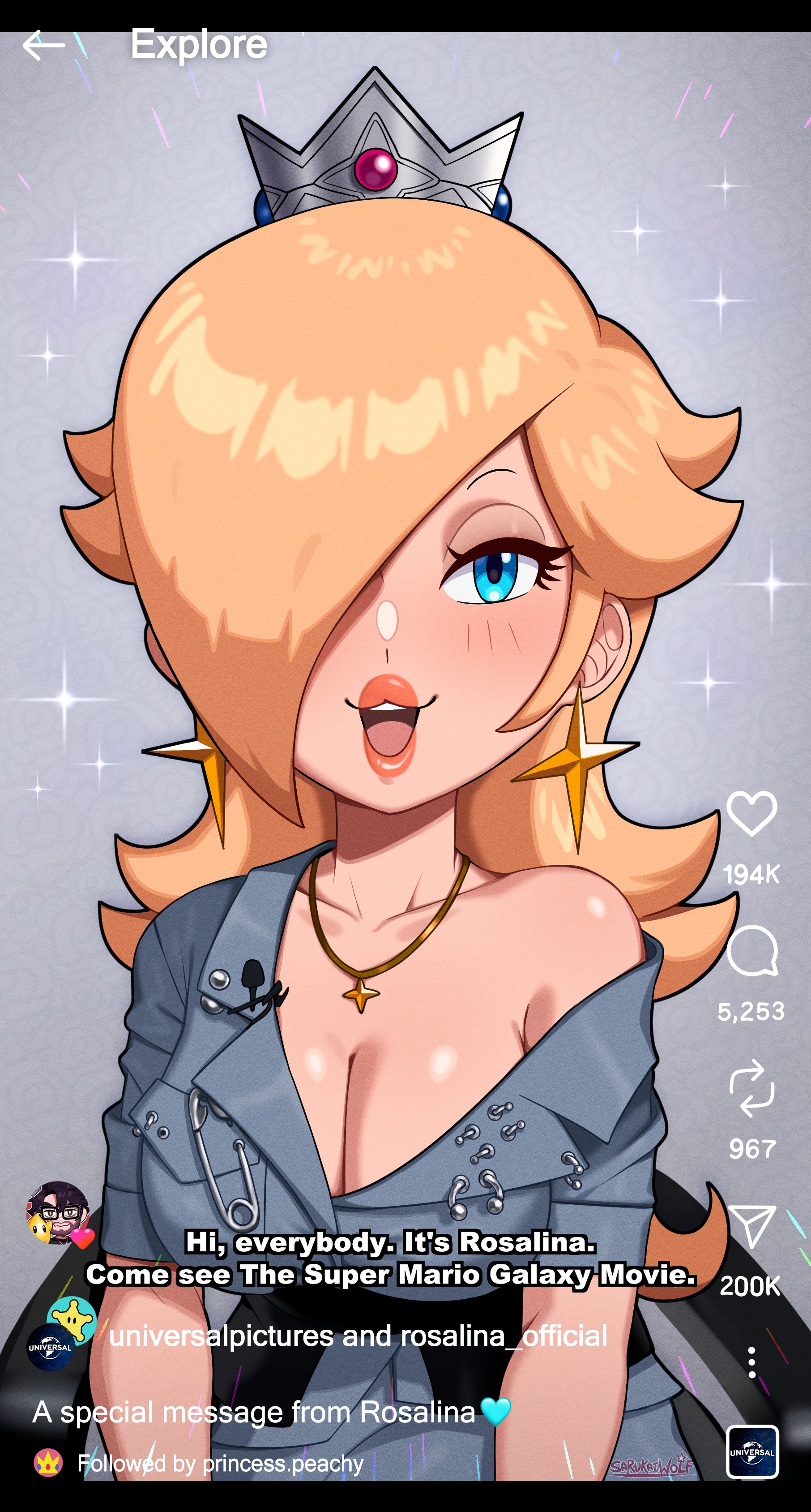 1girls, blonde hair, blue eyes, breasts, cleavage, collarbone, crown, earrings, english text, eyelashes, female, female only, hair over one eye, jamie lee curtis, jewelry, large breasts, long hair, looking at viewer, mario (series), meme, necklace, nintendo, off shoulder, princess rosalina, reference, sarukaiwolf, short sleeves, smile, solo, star (symbol), star earrings, super mario galaxy, super mario galaxy (2026 film), thick lips, upper body, viewfinder