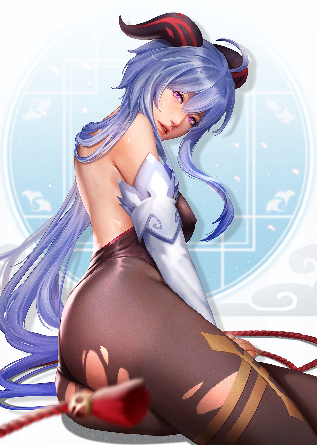1girls, areeya18, ass, bare back, bare shoulders, big breasts, blue hair, bodystocking, bodysuit, breasts, curved horn, curved horns, erect nipples, female, female only, ganyu (genshin impact), genshin impact, hi res, highres, horn, horns, large breasts, legs, legwear, long hair, looking at viewer, nipple bulge, nipples, on side, panties, pantyhose, puffy nipples, purple eyes, sitting, solo, sweat, sweatdrop, sweating, tagme, thick, thick ass, thick legs, thick thighs, thighs, torn clothes, torn clothing, wet