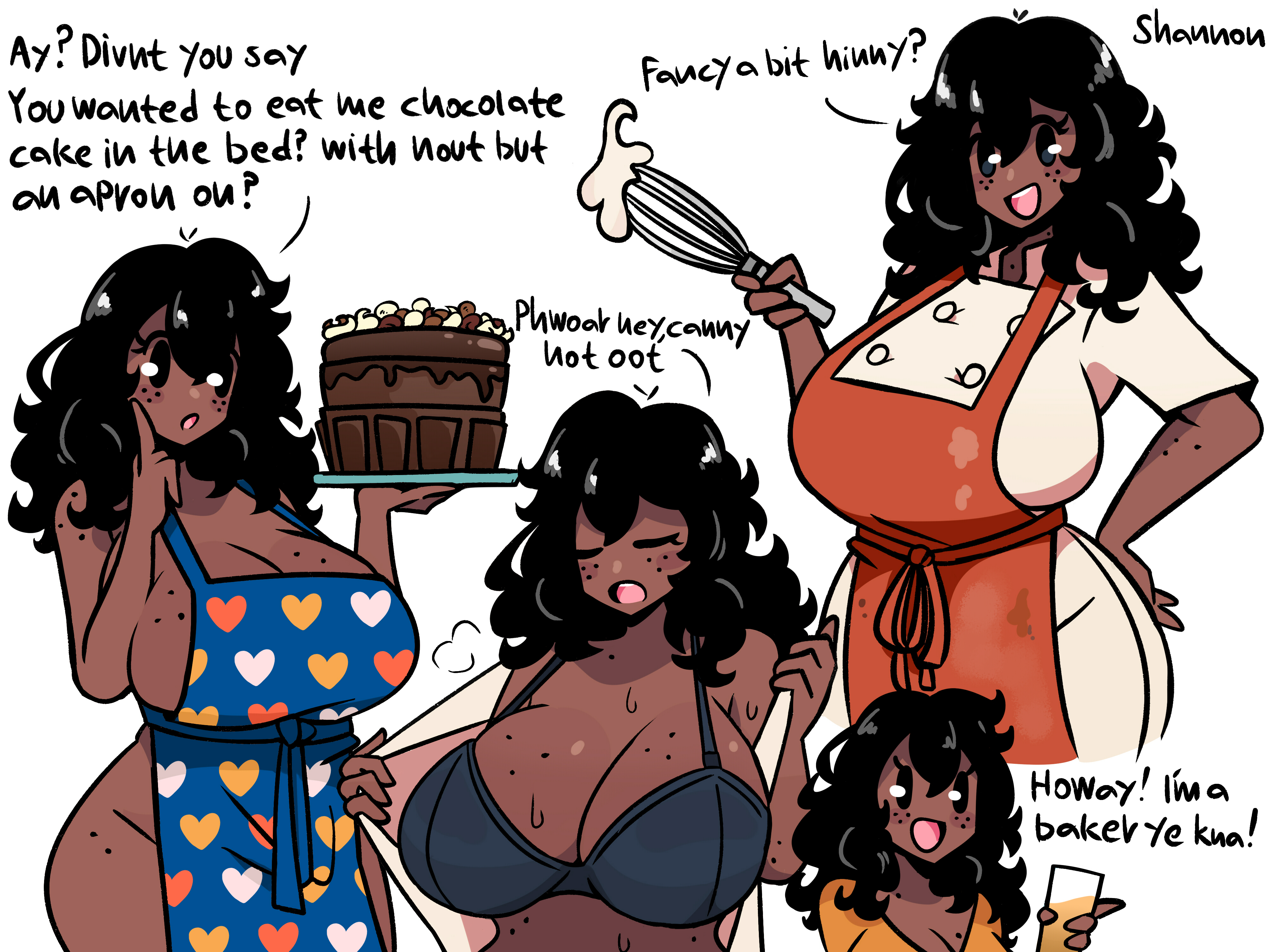 1girls, apron, apron only, baker, bakery, black hair, breasts, cake, cooking, curvy, curvy body, curvy female, curvy figure, curvy hips, curvy thighs, dark skin, dark-skinned female, female, female focus, female only, freckles, freckles on arms, freckles on breasts, freckles on face, freckles on thighs, murgoten, original character, shannon the baker (murgoten), solo, solo female, solo focus, text