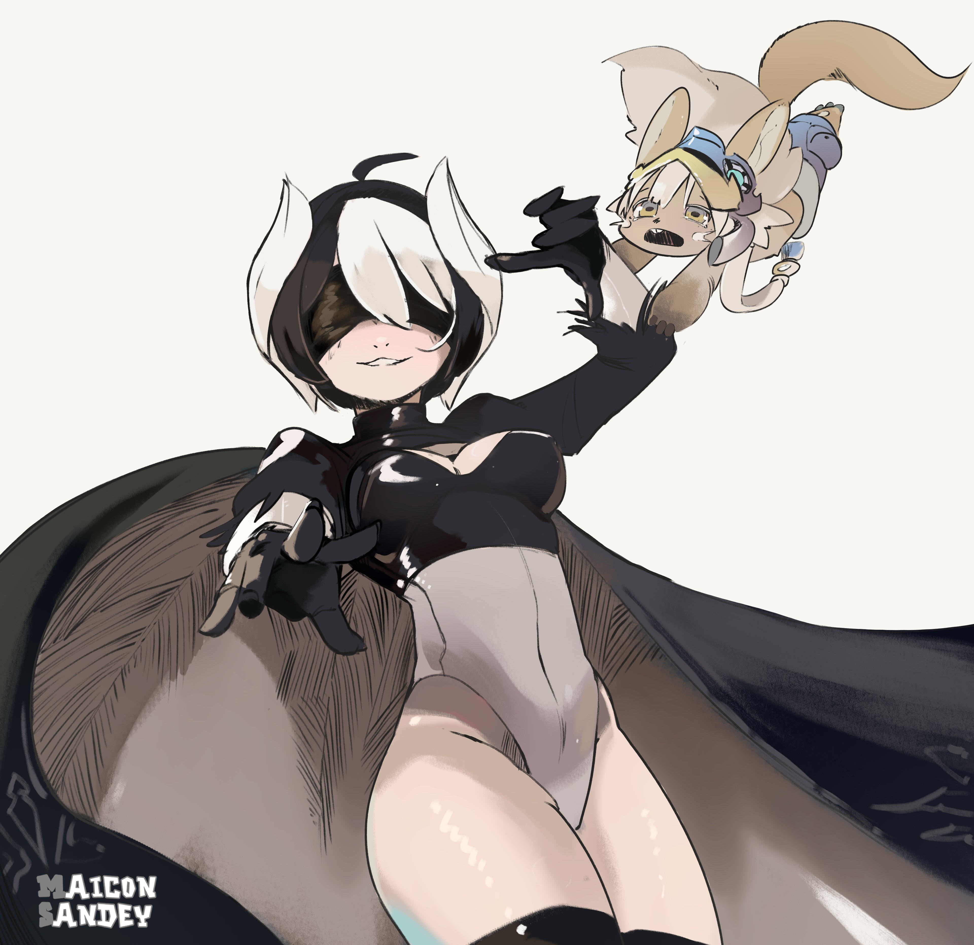 1girls, black and white hair, black blindfold, blindfold, breasts, cape, cosplay, female, female focus, leotard, looking at viewer, made in abyss, maiconsandey, medium breasts, nanachi, nier: automata, open mouth, ozen, short hair, smile, solo focus, thick thighs, thighhighs, two-tone hair, yorha 2b (cosplay)