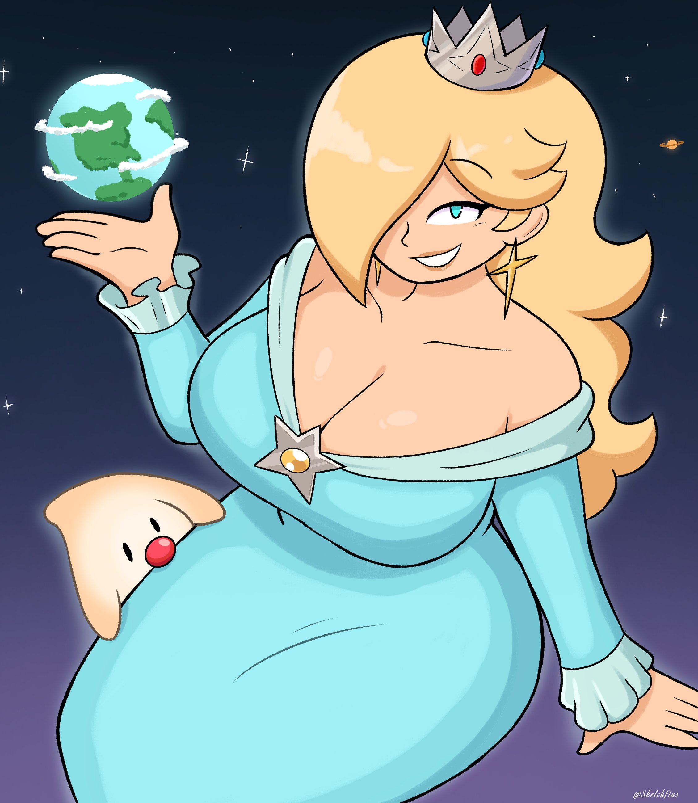 1girls, artist name, baby luma, bare shoulders, blonde hair, blue dress, blue eyes, breasts, cleavage, crown, dress, earrings, earth, female, hair covering eye, huge breasts, large breasts, long dress, long hair, looking at viewer, luma, mario (series), nintendo, pacifier, princess rosalina, sitting, sketchfins, strapless, strapless dress, super mario galaxy