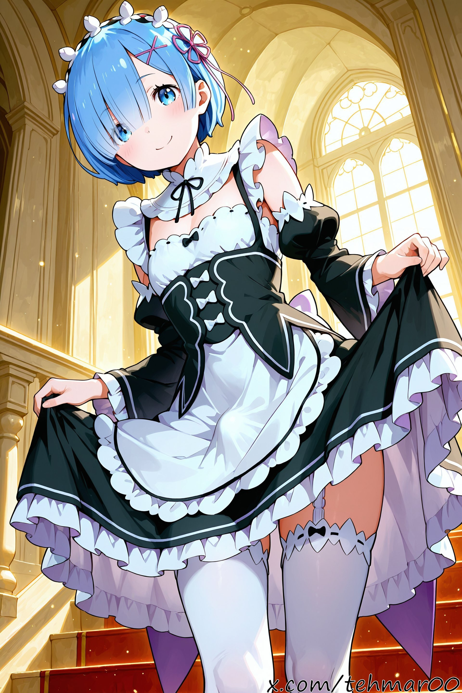 1boy, ai generated, apron, black dress, black ribbon, blue eyes, blue hair, blush, bow, bulge, closed mouth, detached collar, detached sleeves, dress, eyes visible through hair, femboy, garter straps, genderswap (ftm), hair ornament, hair over one eye, hair ribbon, indoors, juliet sleeves, looking at viewer, maid, maid headdress, male, puffy sleeves, re:zero kara hajimeru isekai seikatsu, rem (re:zero), ribbon, ribbon-trimmed clothes, roswaal mansion maid uniform, rule 63, short hair, skirt hold, smile, solo, stairs, standing, tagme, tehmar, thighhighs, trans woman, transfem, trap, white apron, white legwear, white thighhighs, window, x hair ornament