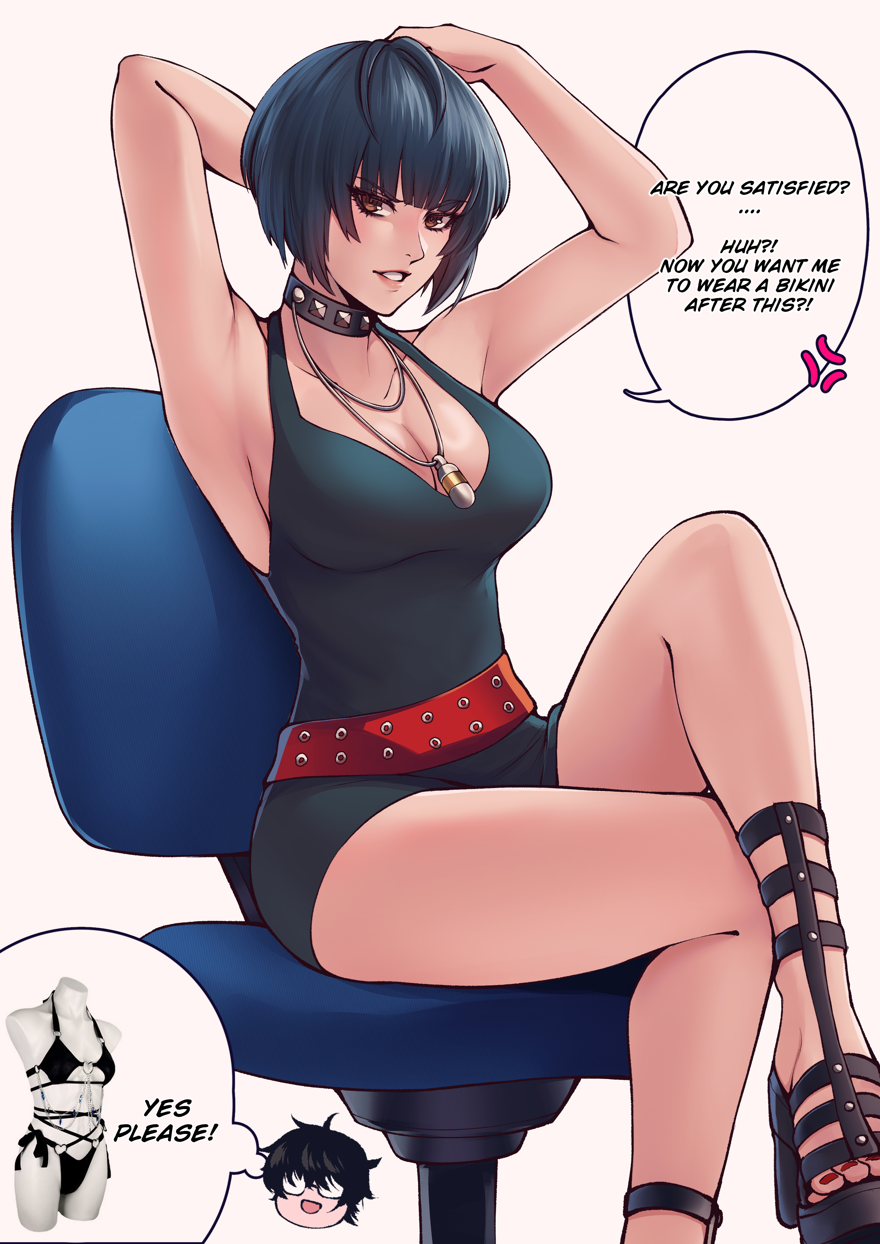 absurdres, armpits, arms up, bare legs, bare shoulders, belt, black choker, black dress, black hair, blueriest, blush, breasts, brown eyes, chair, chibi, chibi inset, choker, collarbone, commentary, crossed legs, dress, english commentary, english text, eyelashes, female, female only, foot out of frame, gladiator sandals, high heels, highres, jewelry, large breasts, legs, looking at viewer, nail polish, necklace, on chair, parted lips, persona, persona 5, platform heels, red belt, red nails, ren amamiya, sandals, short dress, short hair, simple background, sitting, solo, speech bubble, studded choker, tae takemi, thighs, toenail polish, toenails, toes
