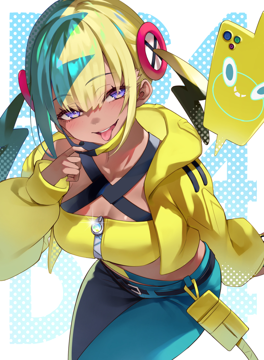 1girls, 2d, aqua hair, bandeau, black halterneck, black mask, black pants, blonde hair, blue eyes, blue pants, blush, breasts, canari (pokemon), canary (pokemon), cleavage, criss-cross halter, criss-cross straps, cropped jacket, dark skin, dark-skinned female, female, female only, gen 4 pokemon, halterneck, highres, jacket, large breasts, long sleeves, looking at viewer, mask, mask pull, mega stone, mouth mask, multicolored hair, nintendo, open mouth, pants, pokemon, pokemon legends: z-a, rotom, rotom phone, short twintails, smile, split-color hair, sports bra, stomach, teeth, tomose shunsaku, tongue, tongue out, twintails, two-tone hair, two-tone mask, two-tone pants, upper teeth only, yellow bandeau, yellow jacket, yellow mask, yellow sports bra