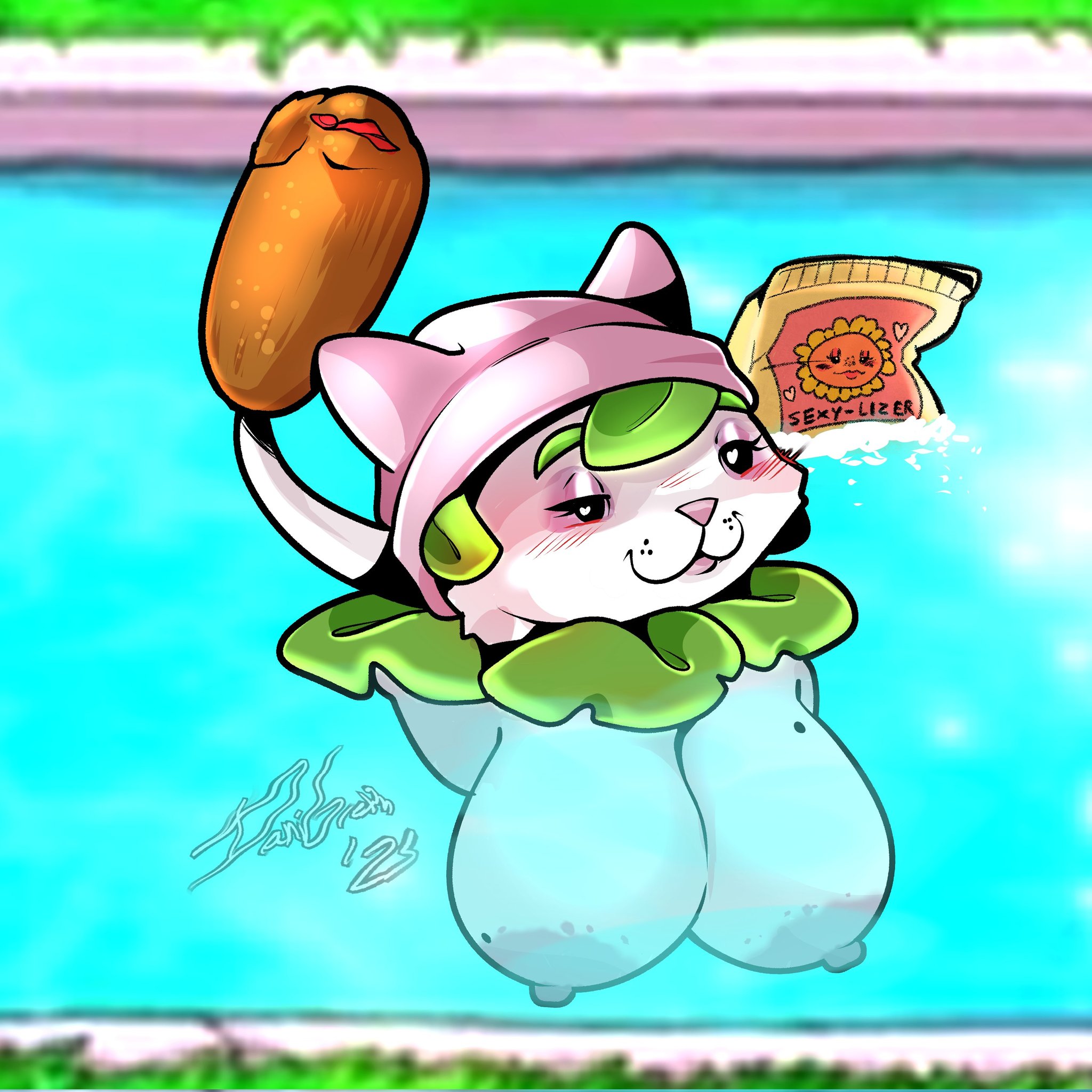 2025, anthro, areolae, artist signature, blushing, breasts, busty, busty fauna, cattail (pvz), danigrex2n, dated, domestic cat, erect nipples, feline, female, female focus, female only, floating, half-closed eyes, hanging breasts, headgear, heart-shaped pupils, huge breasts, large areolae, mole on breast, naughty face, nipples, outdoors, plant, plants vs zombies, pool, smug, smug face, smug smile, solo, solo female, tail, uncensored, underwater, water