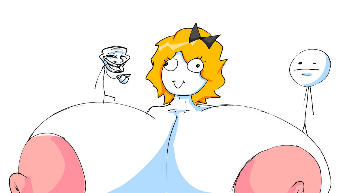 blonde female, blonde hair, breasts, bust portrait, derpina, exaggerated anatomy, exaggerated proportions, female, huge breasts, hyper, hyper breasts, massive breasts, meme, scarmentor, silly, silly face, stickman, troll face, trollface, waist not visible, xxturkiaxx