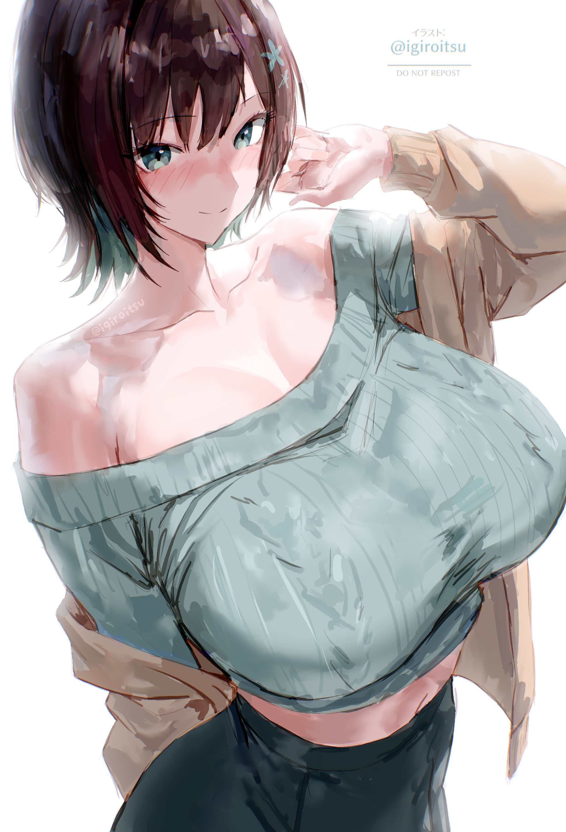 absurdres, bare shoulders, blush, breasts, brown hair, brown jacket, closed mouth, collarbone, female, female only, green eyes, highres, huge breasts, igiroitsu, jacket, looking at viewer, midriff, navel, off shoulder, off-shoulder sweater, original, short hair, simple background, smile, solo, sweater, twitter username, white background