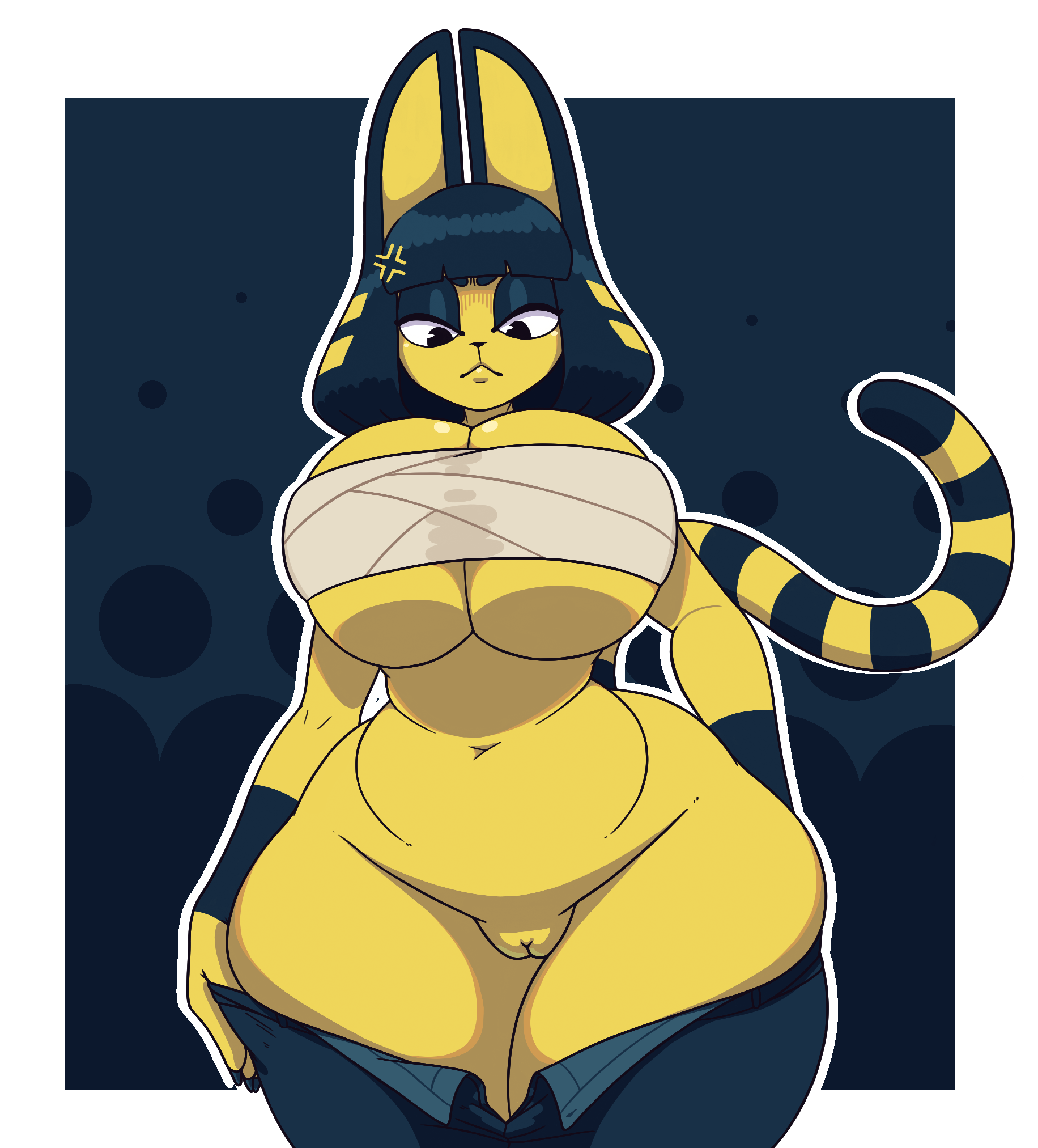 alternate body type, alternate breast size, angry, animal crossing, ankha, anthro, big breasts, bottomless, breasts, clothed, clothing, felid, feline, felis, female, fur, furry, furry only, hi res, nintendo, nsfwoaf, open pants, pussy, tagme, tail, thick thighs, transparent background, wide hips