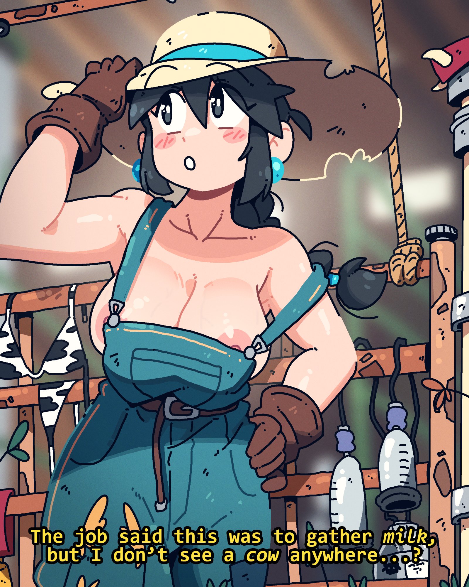 big areola, big nipples, imminent milking, lucia (scott malin), nipple peek, nipple slip, nipples, original, original character, overalls, overalls only, scott malin, tagme, topless