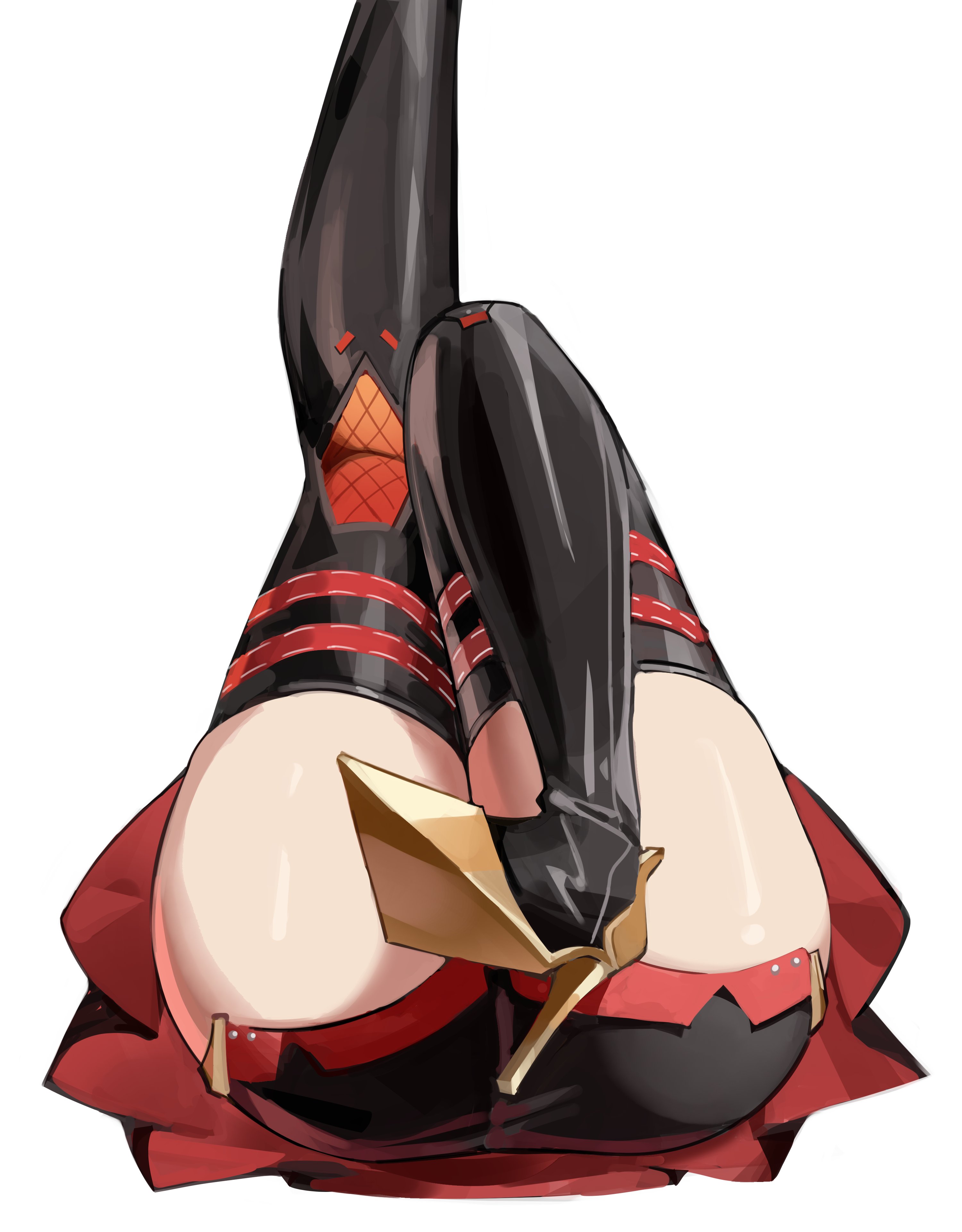 1girls, absurdres, arrow legs, arrow pose, ass, ass focus, black shorts, black thighhighs, burnice white, female, female only, hashtag-only commentary, high heels, highres, latex, latex thighhighs, legs up, lower body, lying, on back, out of frame, plapbait, ppangchil, red skirt, shiny skin, shorts, shorts under skirt, simple background, skirt, solo, thighhighs, white background, zenless zone zero