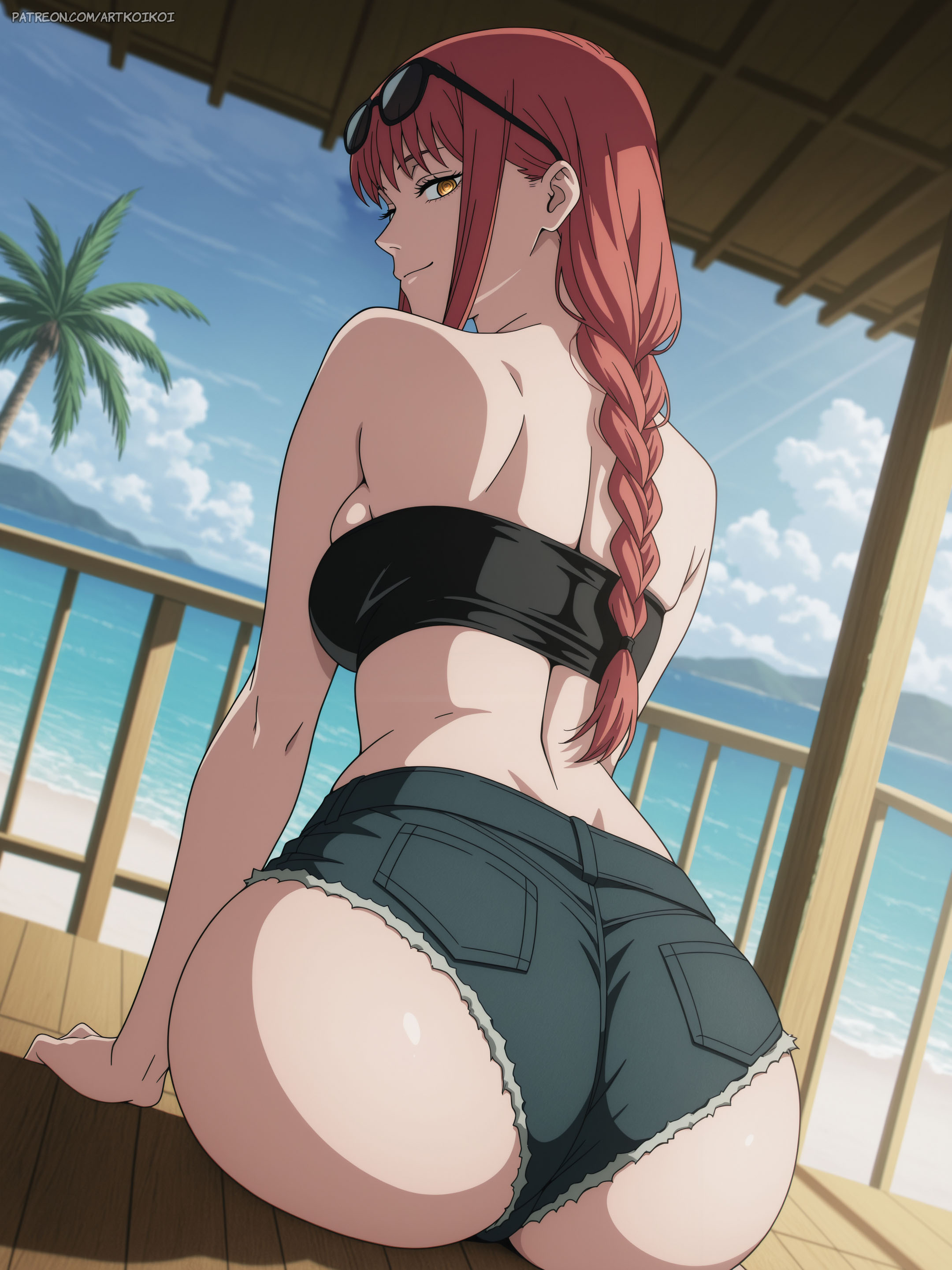 accurate art style, ai generated, artkoikoi, ass, ass cheeks, back view, bare back, bare shoulders, braid, braided hair, braided ponytail, chainsaw man, croptop, golden eyes, koikoi, makima (chainsaw man), red hair, seducing, seduction, seductive, seductive body, seductive eyes, seductive gaze, seductive look, seductive smile, sexy, sexy ass, sexy body, shorts, sitting, sitting down, suggestive, suggestive look, suggestive pose, suggestive posing, suggestive smile, sunglasses on head, tied hair, upperboob, wanting sex, yellow eyes