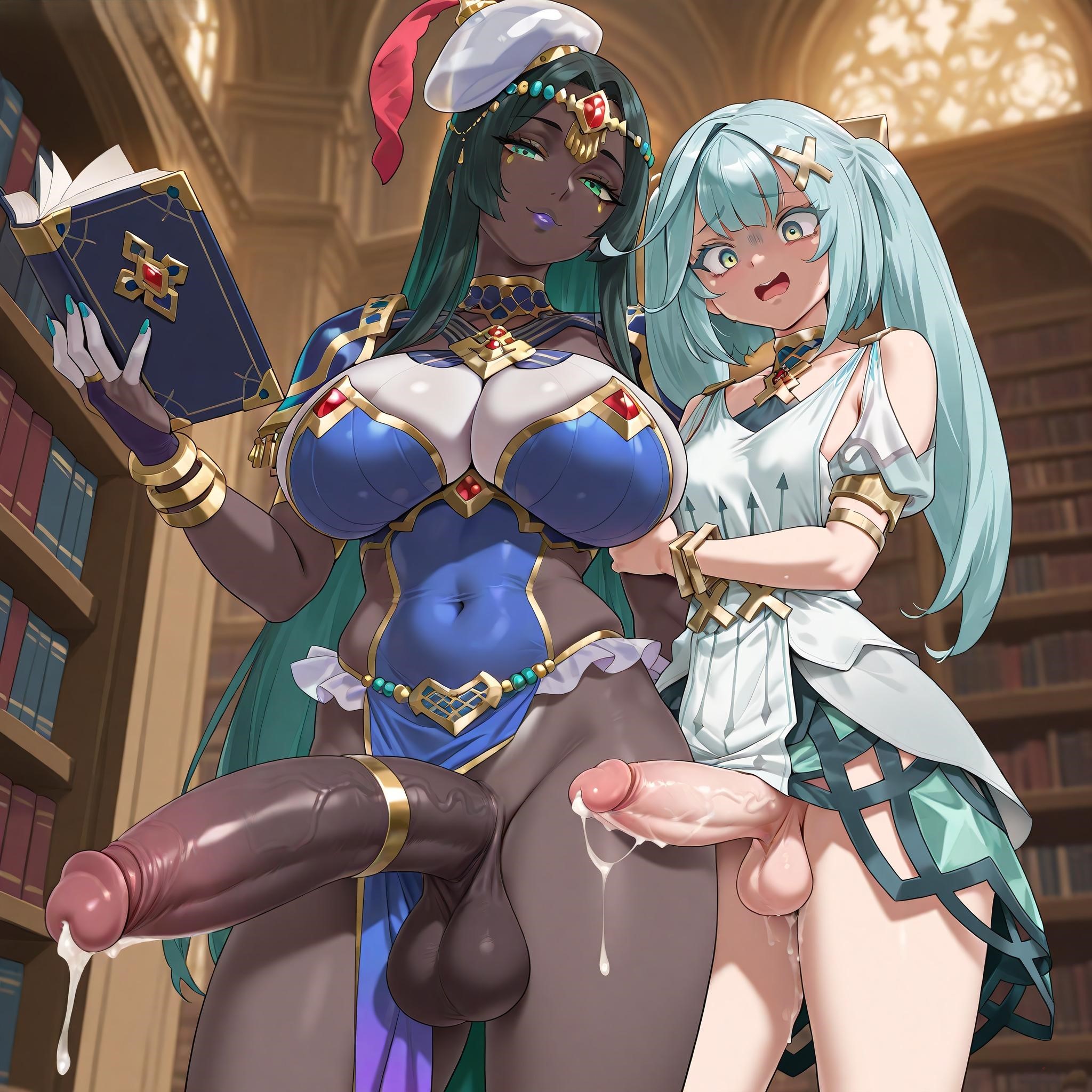 ai generated, balls, ballsack, breasts, clothed, clothed futa, cock, cock ring, crossover, cum, dark-skinned futa, duo, faruzan (genshin impact), fate (series), fate/grand order, futa only, futanari, genshin impact, green eyes, hoyoverse, huge cock, intersex, leaking cum, light-skinned futa, looking at penis, looking at viewer, nameless gooner, penis, scared, scheherazade (fate), seductive smile, self upload, side by side, size difference, thighs, veiny penis, very dark skin, very dark-skinned futa