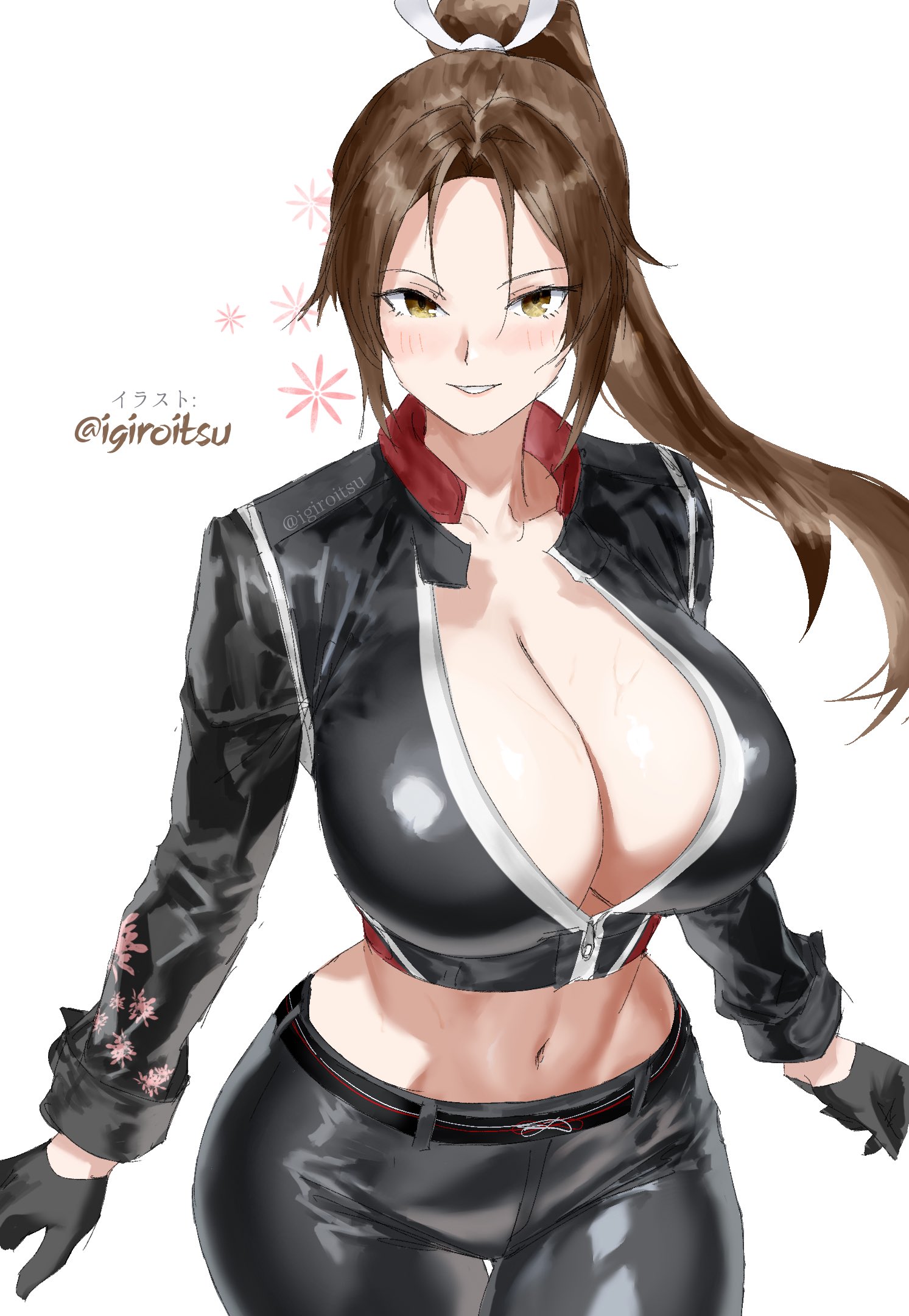 1girls, black gloves, black jacket, black pants, blush, breasts, brown eyes, brown hair, cleavage, commentary, cropped jacket, fatal fury, fatal fury: city of the wolves, female, female only, fit female, forehead, gloves, half gloves, high ponytail, highres, hourglass figure, huge breasts, human, human female, igiroitsu, jacket, king of fighters, large breasts, light-skinned female, long hair, looking at viewer, mai shiranui, mai shiranui (city of the wolves), midriff, motoyui, navel, pants, parted bangs, parted lips, partially unzipped, ponytail, seductive smile, slim waist, smile, street fighter, street fighter 6, symbol-only commentary, thick thighs, toned, twitter username, white background, wide hips, zipper, zipper pull tab