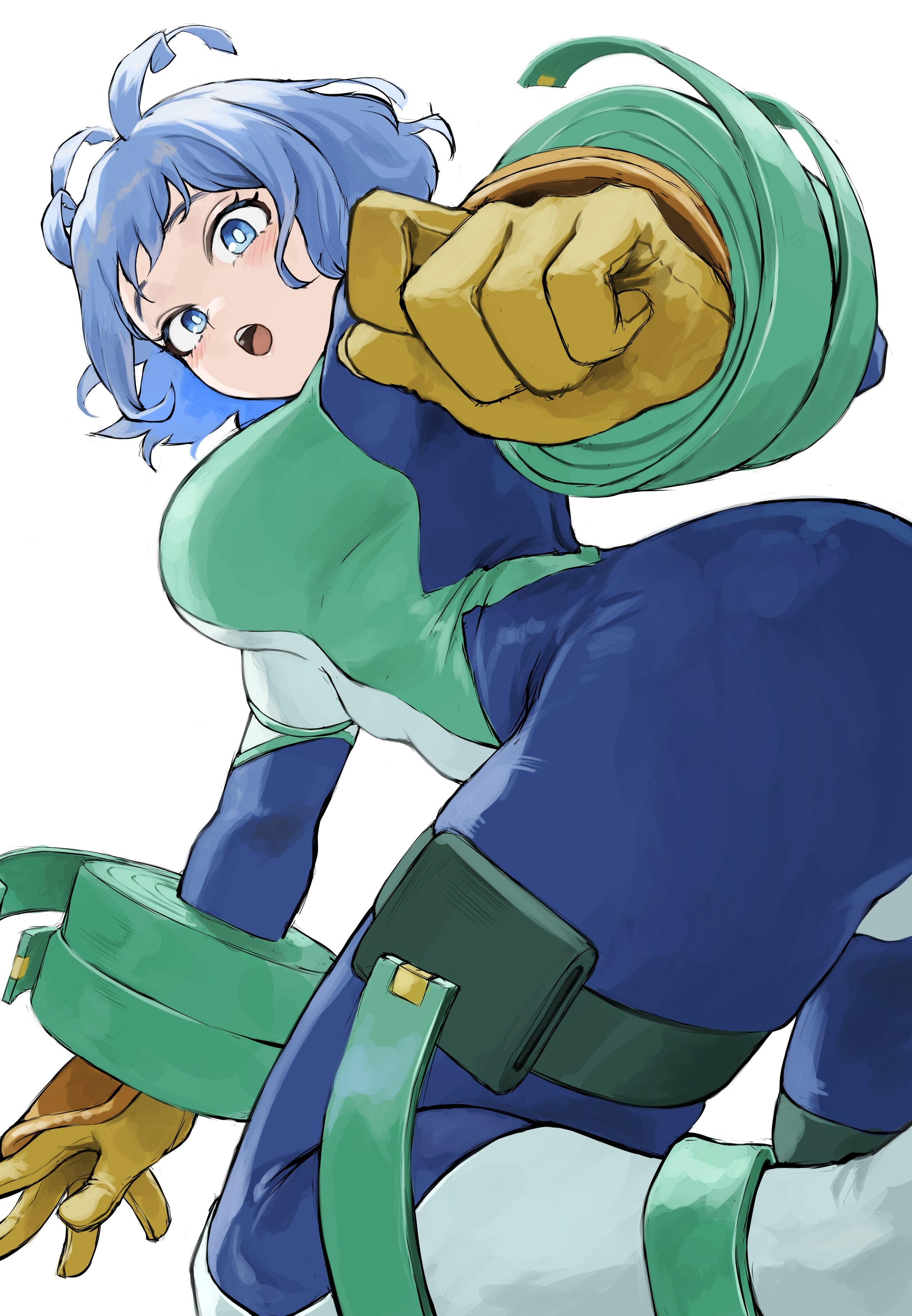 1girls, absurdres, blue bodysuit, blue eyes, blue hair, blue-haired female, blush, bodysuit, boku no hero academia, breasts, drill hair, female, female focus, female only, fengling (furin-jp), gloves, green bodysuit, hado nejire, hair horns, hero outfit (mha), highres, large breasts, looking at viewer, multicolored bodysuit, my hero academia, nejire hado, nejire hado (hero outfit), open mouth, short hair, simple background, skin tight, solo, superhero costume, twin drills, white background, yellow gloves