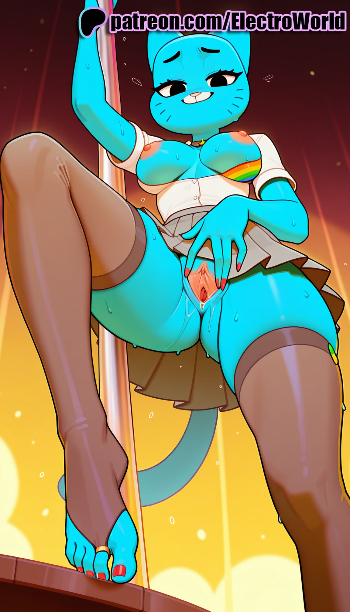 1girls, 2025, ai generated, artist name, average breasts, blue skin, breasts, bust, chest, clitoral hood, colored skin, electroworld, exposed pussy, female, hi res, high quality, high resolution, highres, juicy pussy, medium breasts, nicole watterson, no panties, normal breasts, patreon, patreon username, puffy nipples, pussy, solo, stable diffusion, sweat, the amazing world of gumball, thick thighs, tight pussy, toeless legwear, uncensored, vagina, watermark